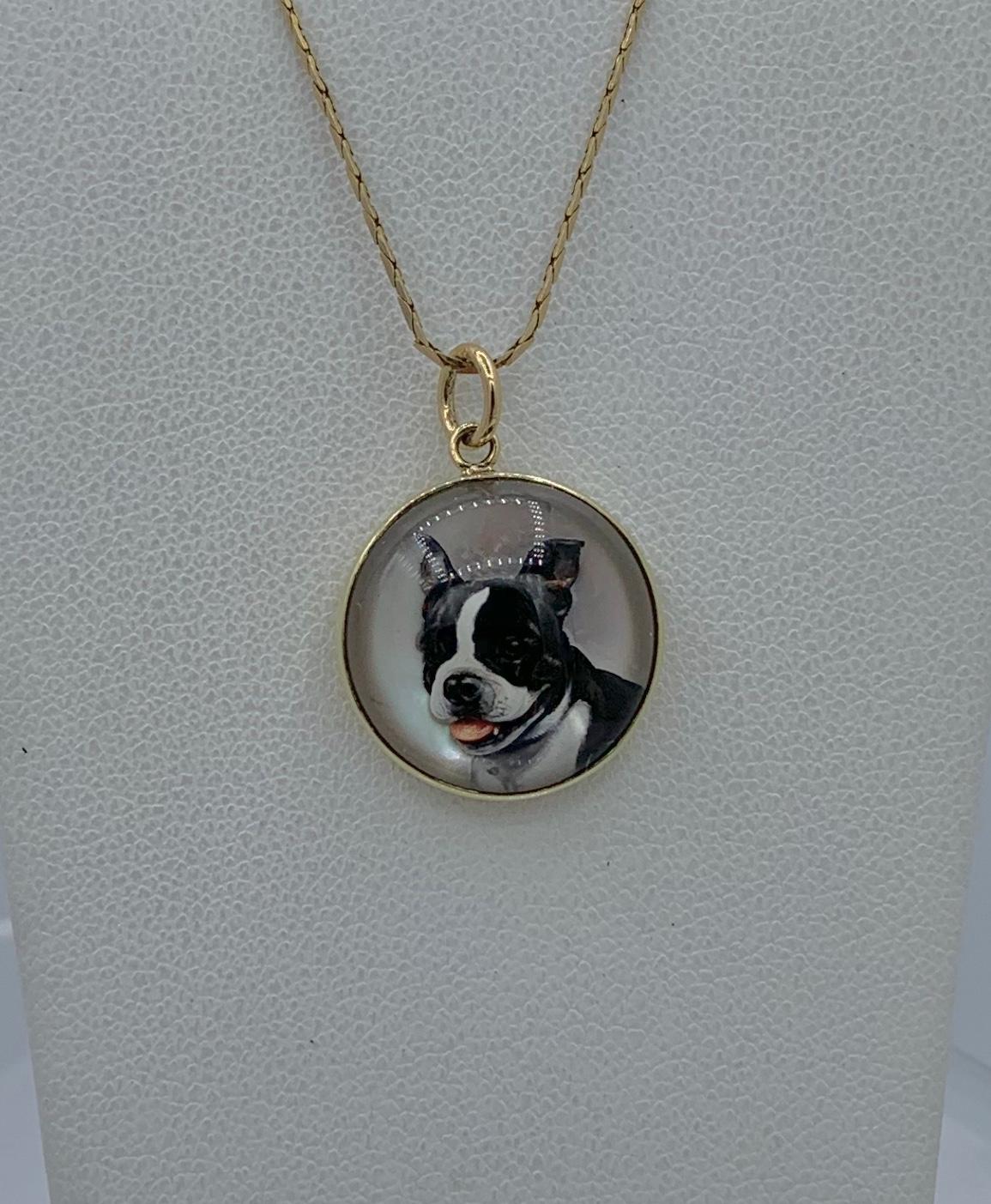 Cabochon Victorian Boston Terrier Dog Pendant Essex Crystal 14 Karat Gold French Bulldog