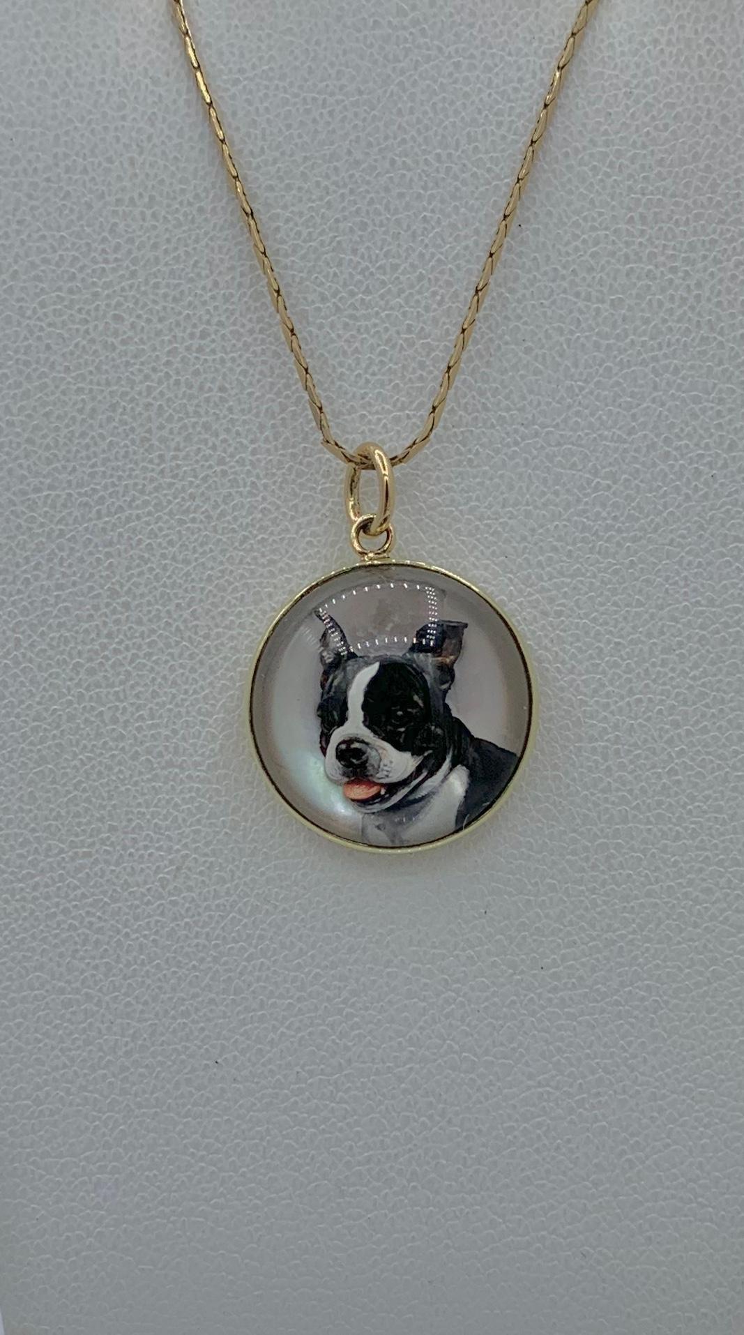 Victorian Boston Terrier Dog Pendant Essex Crystal 14 Karat Gold French Bulldog In Good Condition In New York, NY