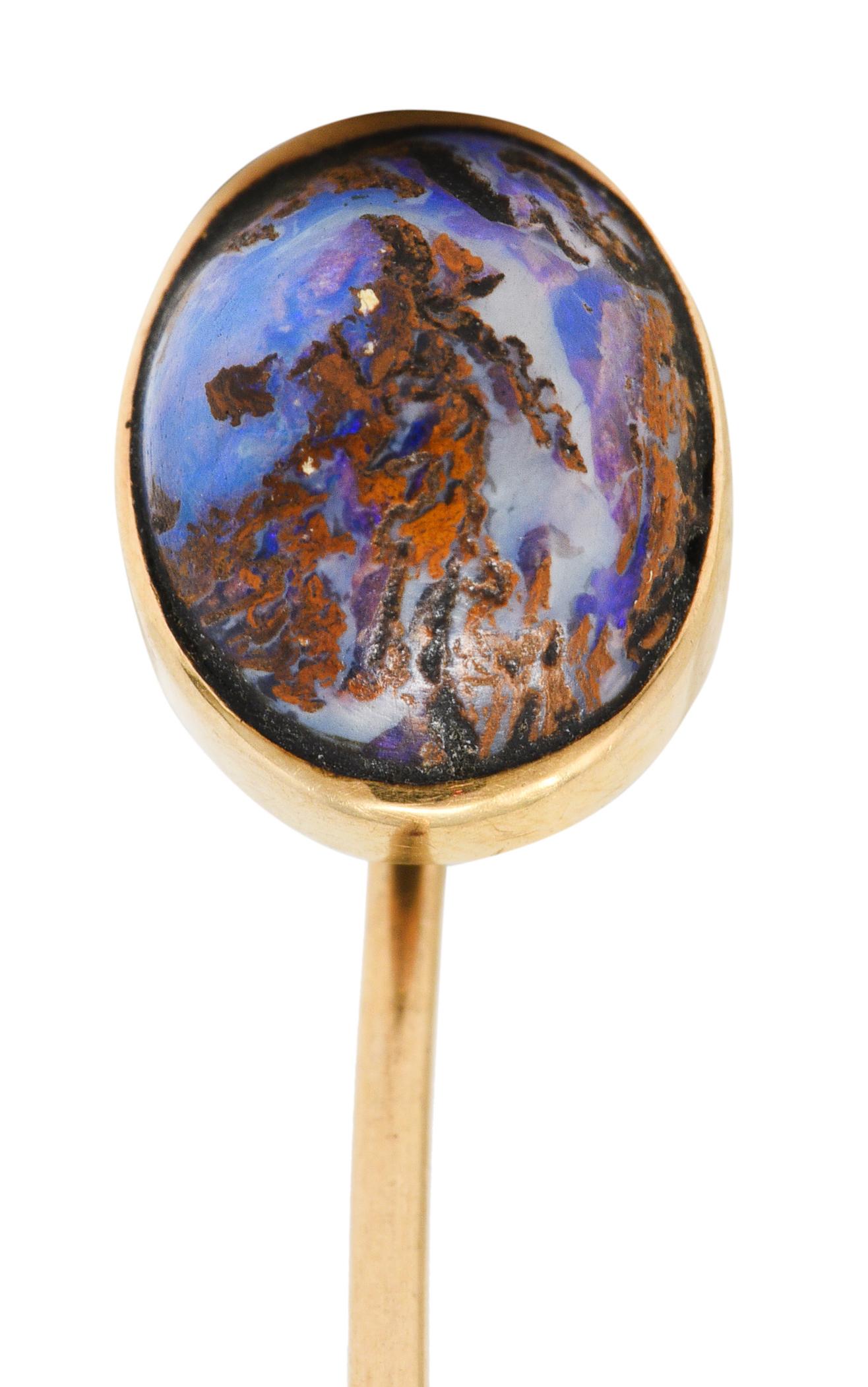 Victorian Boulder Opal Cabochon 14 Karat Yellow Gold Stickpin For Sale 2