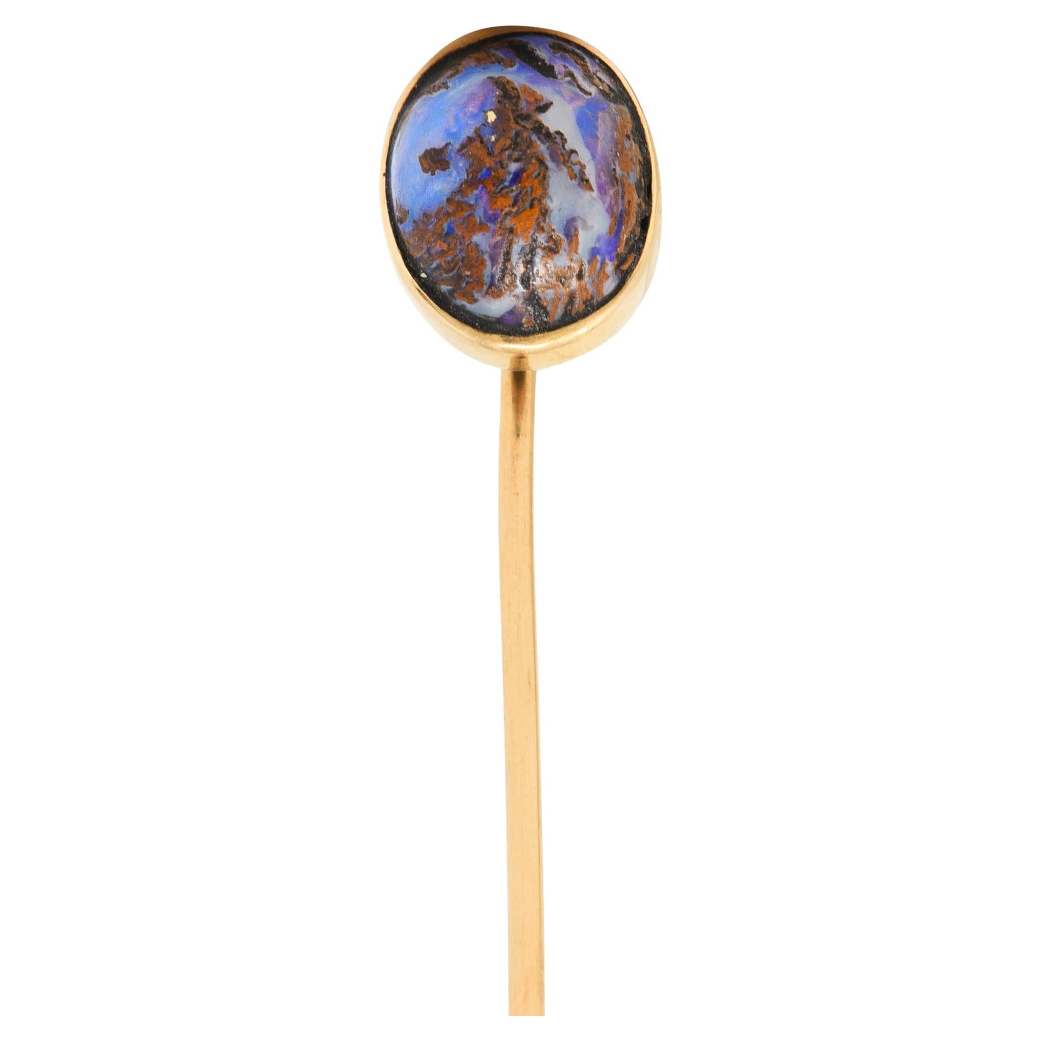 Victorian Boulder Opal Cabochon 14 Karat Yellow Gold Stickpin For Sale