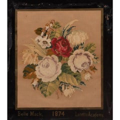 Victorian Bouquet of Roses Needlepoint, Framed, C. 1874