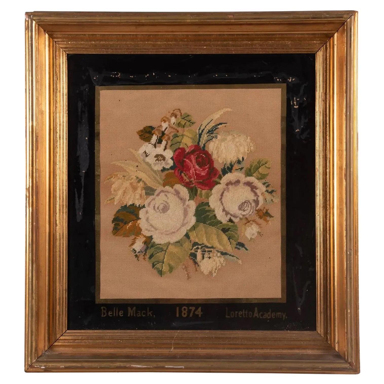 Victorian Bouquet of Roses Needlepoint, Framed, C. 1874