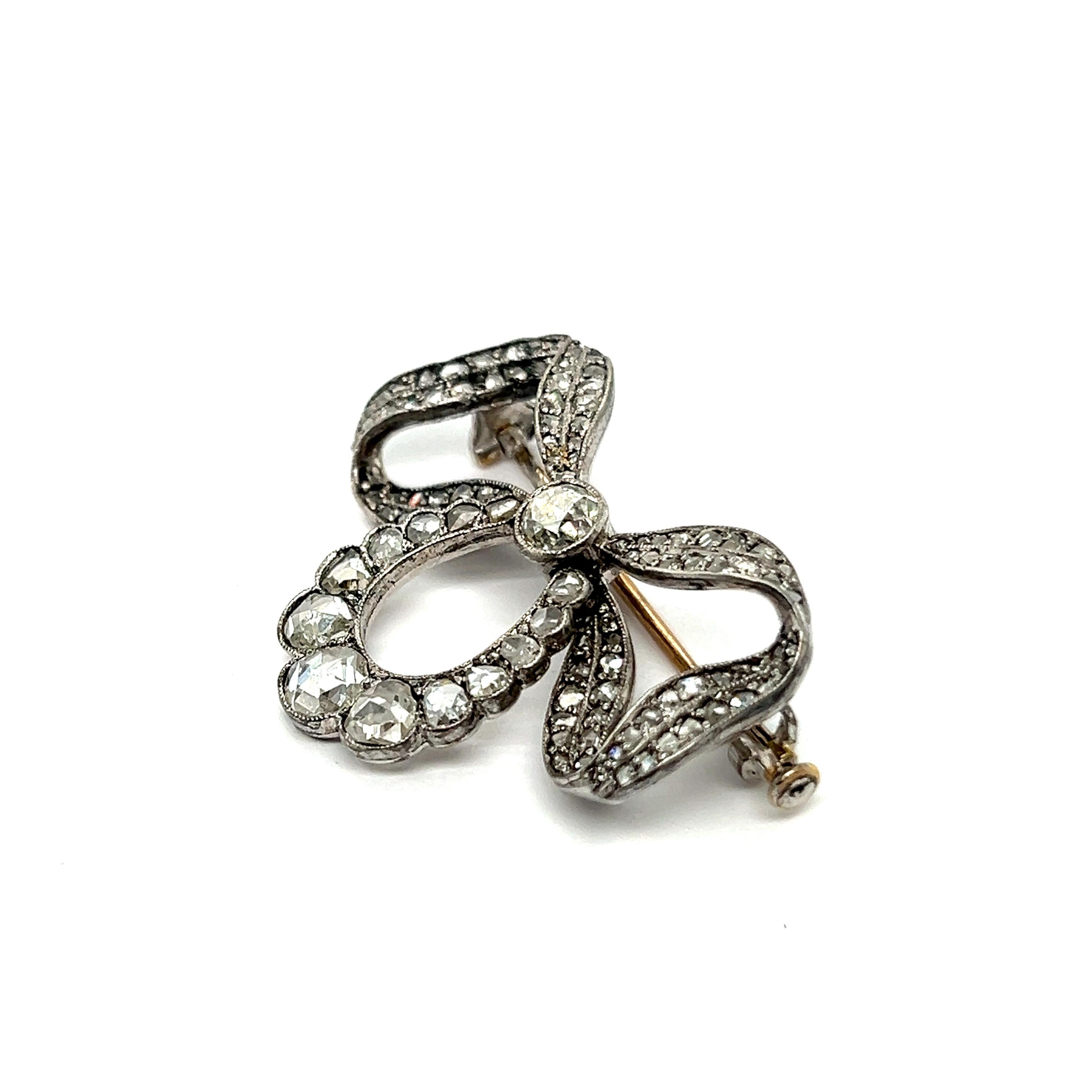 Victorian Bow Brooch with Old Cut Diamonds in Silver and Yellow Gold  For Sale 5