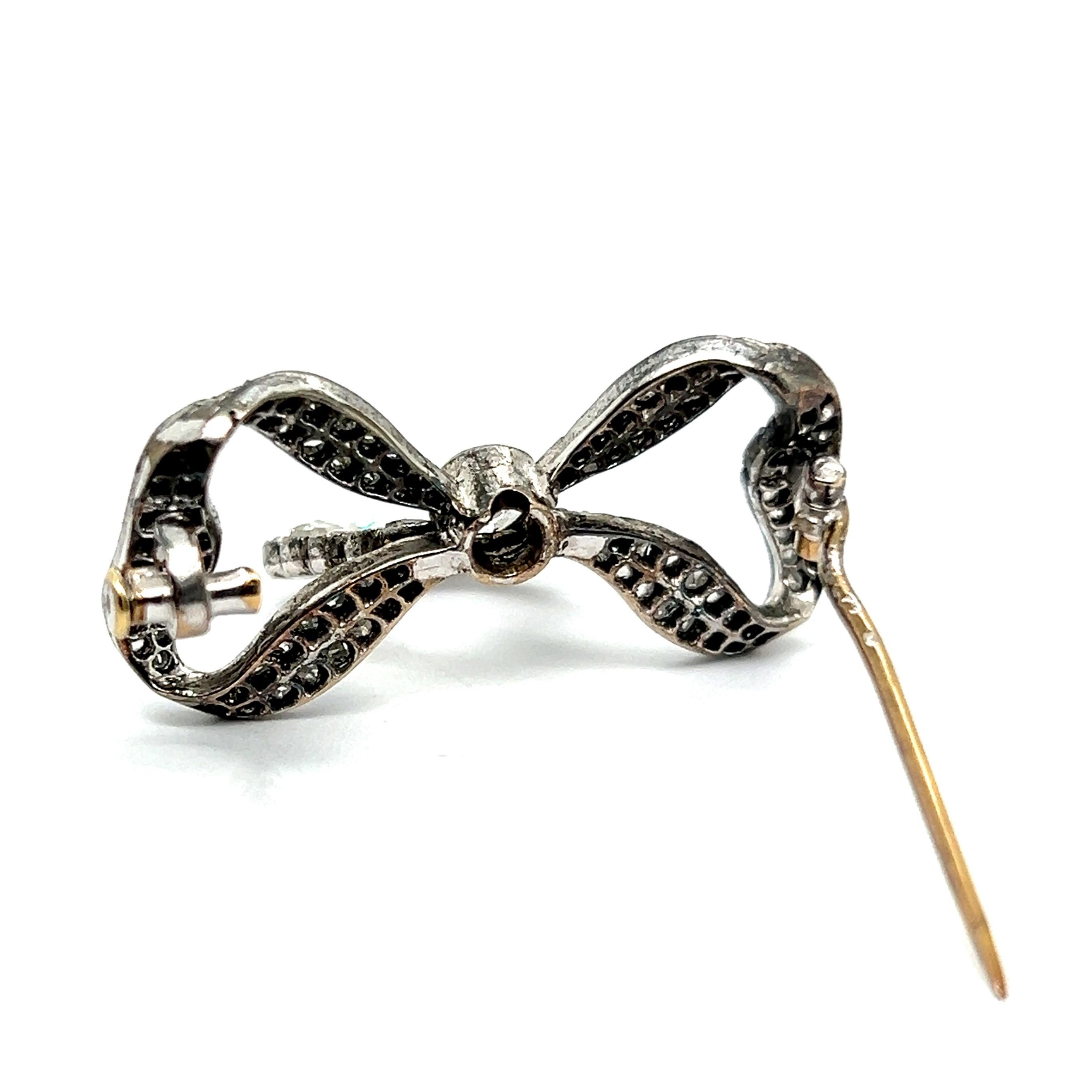 Victorian Bow Brooch with Old Cut Diamonds in Silver and Yellow Gold  For Sale 7