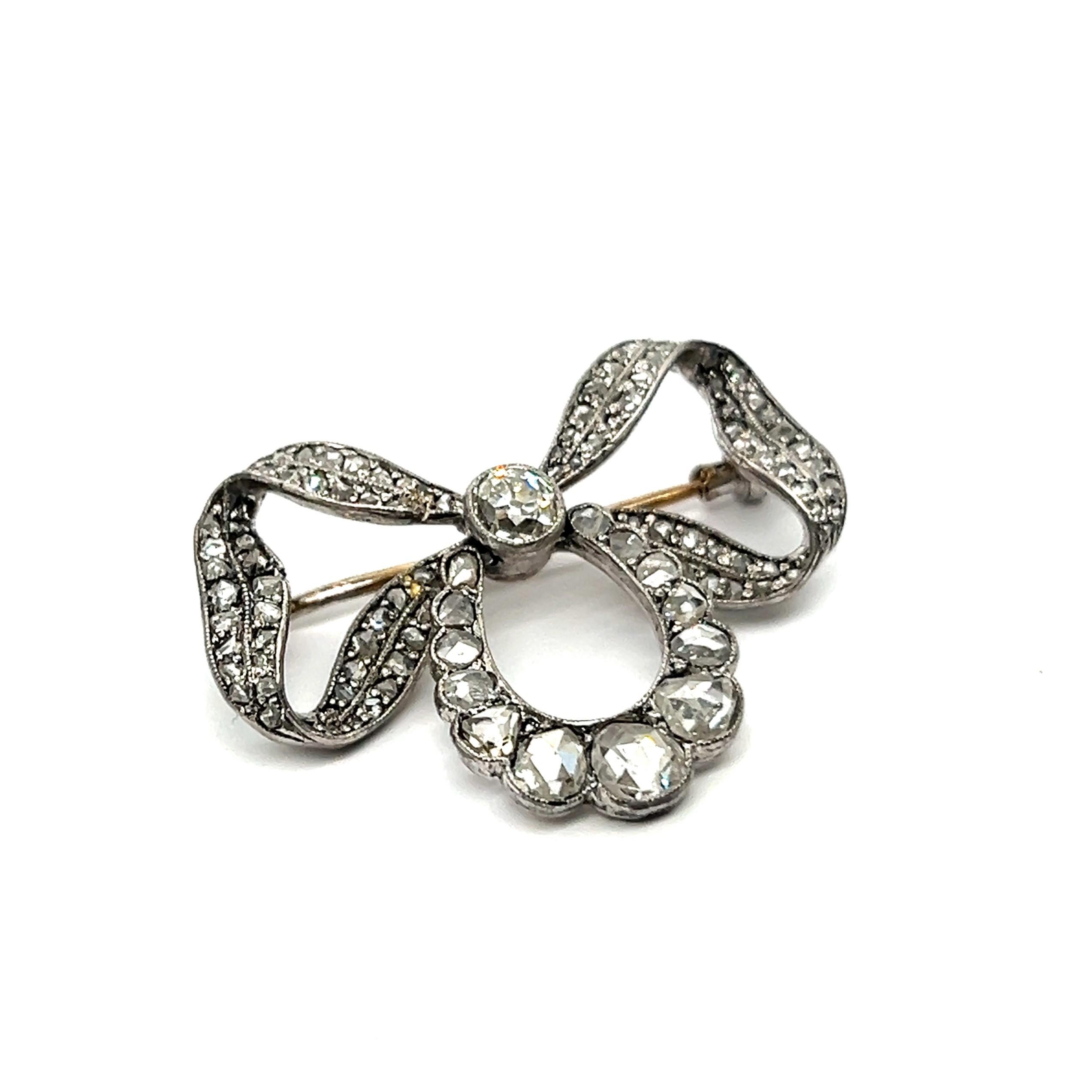 Late Victorian Victorian Bow Brooch with Old Cut Diamonds in Silver and Yellow Gold  For Sale