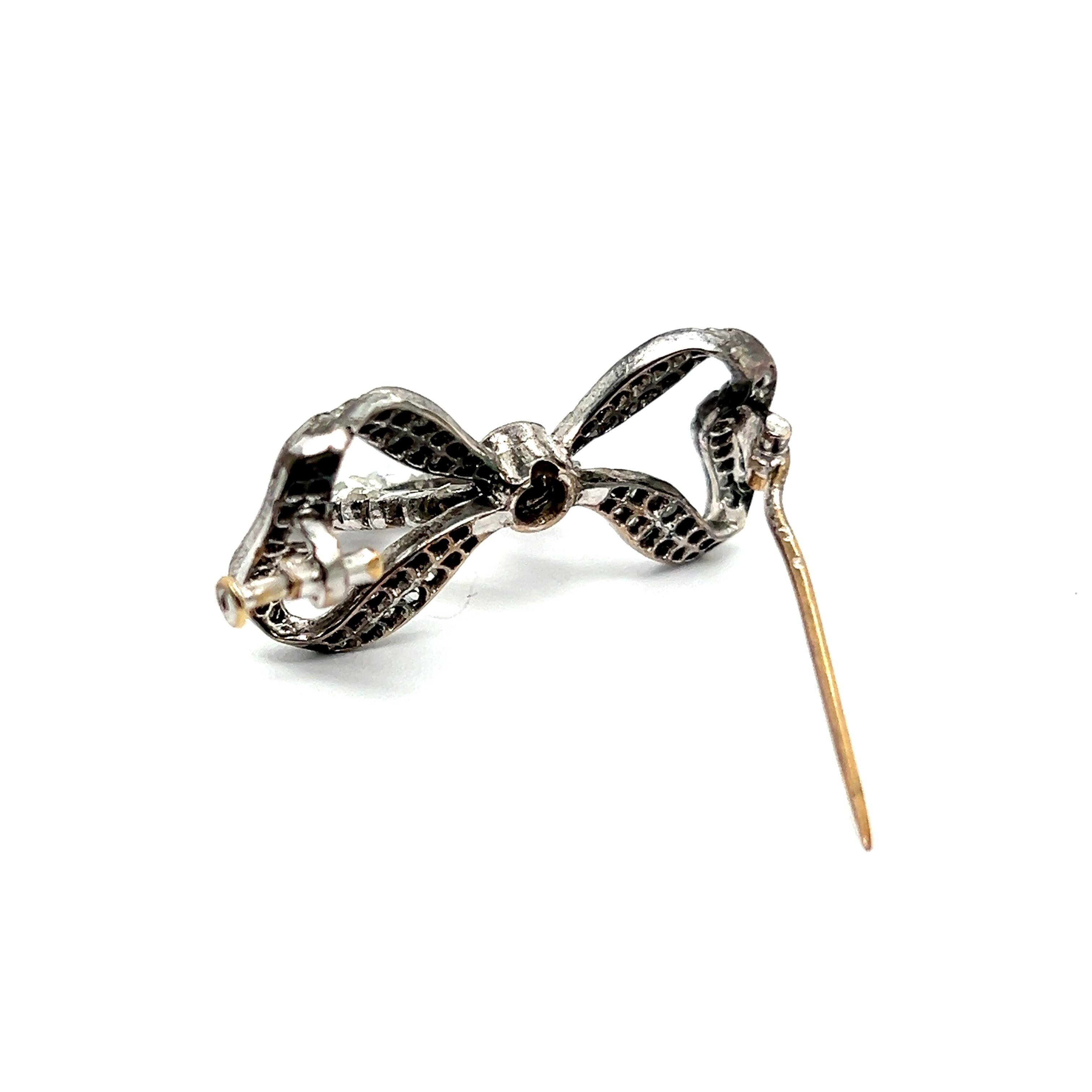Old European Cut Victorian Bow Brooch with Old Cut Diamonds in Silver and Yellow Gold  For Sale