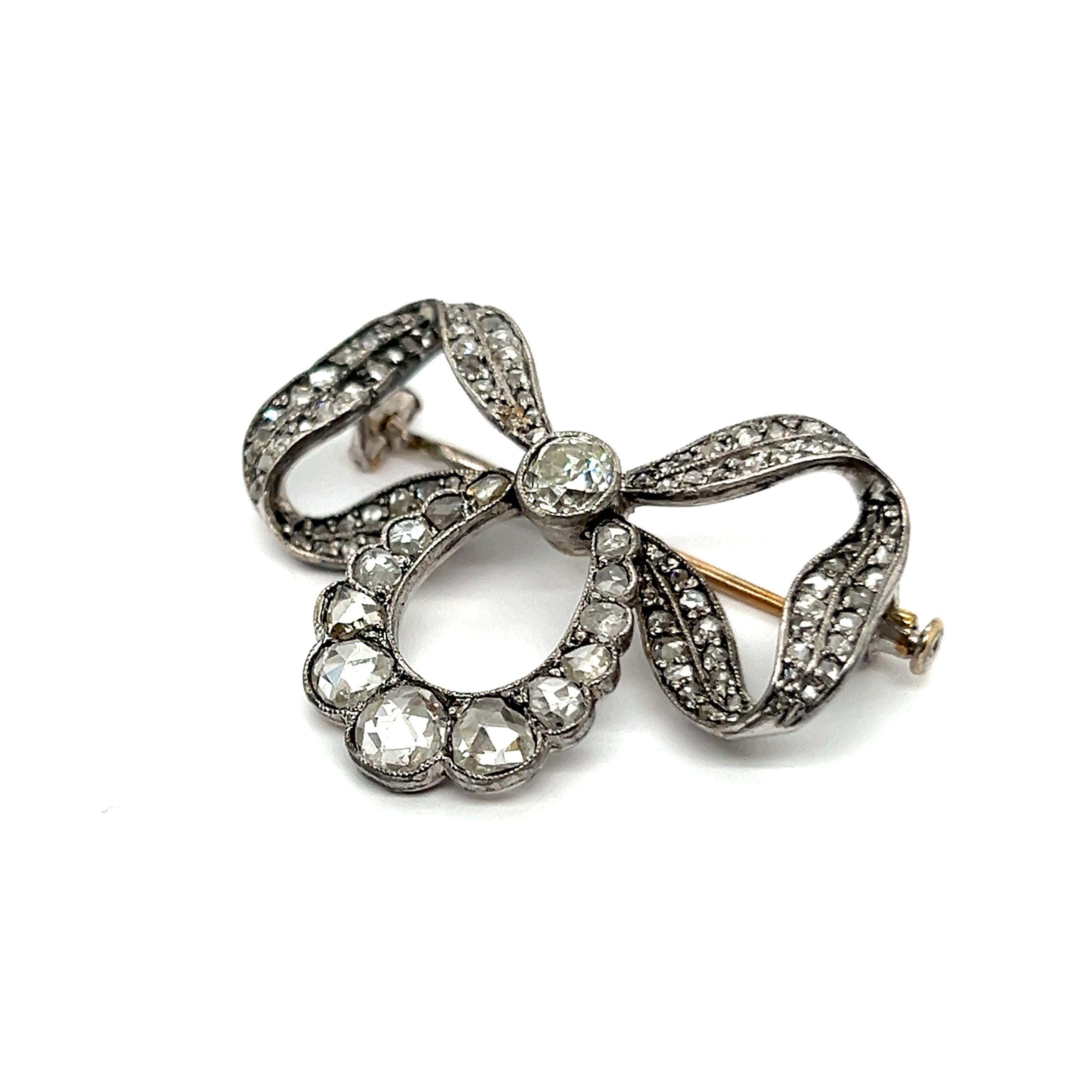 Women's or Men's Victorian Bow Brooch with Old Cut Diamonds in Silver and Yellow Gold