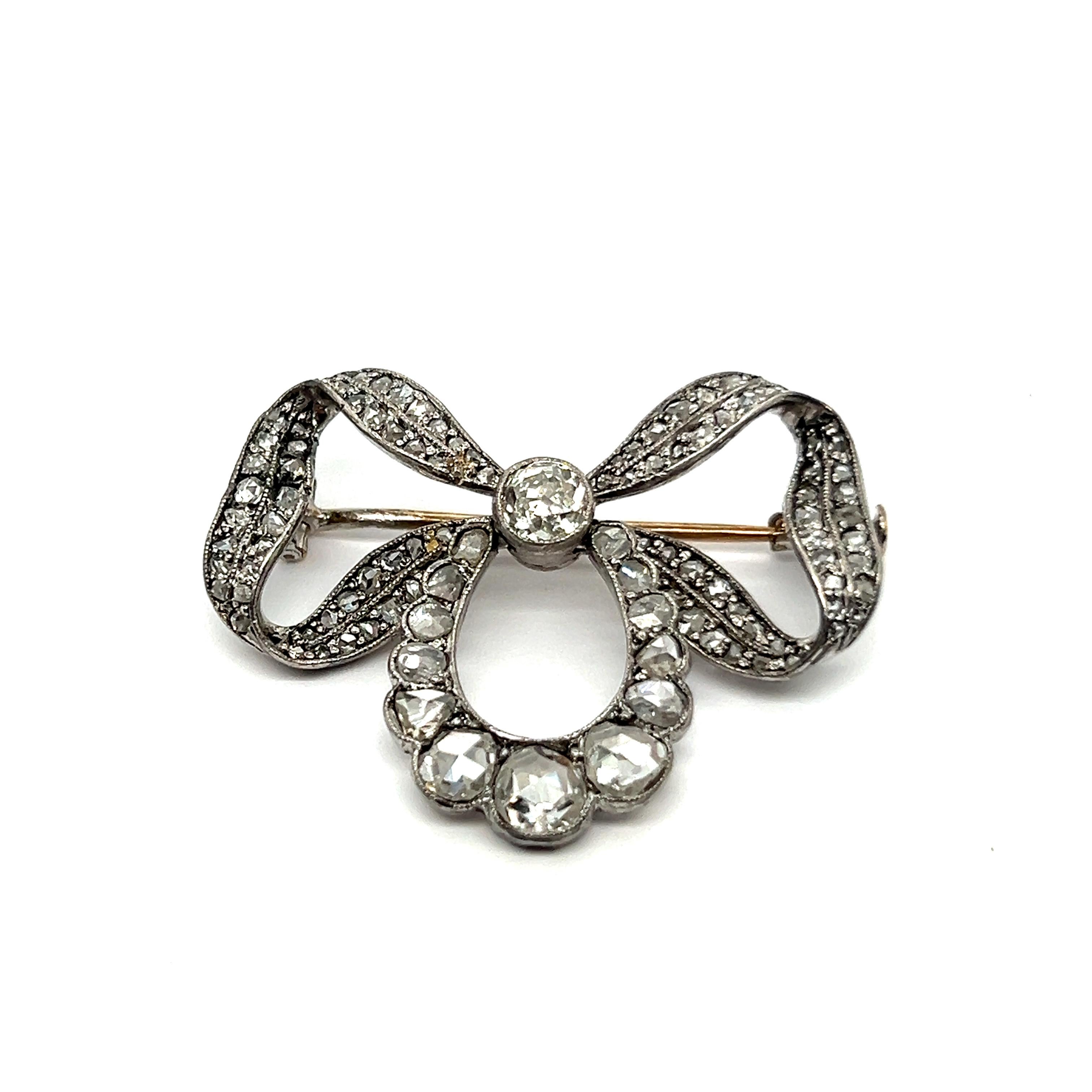 Victorian Bow Brooch with Old Cut Diamonds in Silver and Yellow Gold  For Sale 1