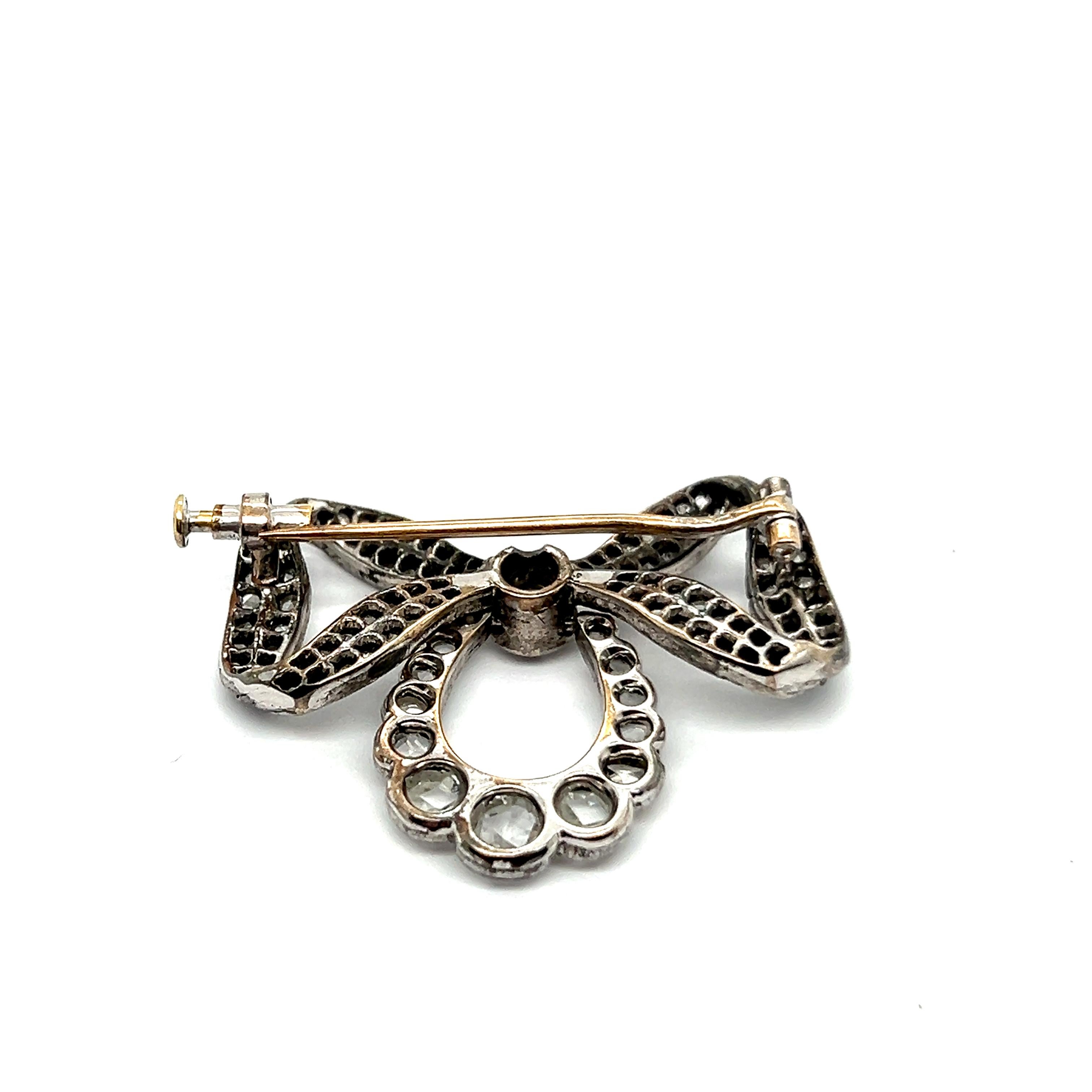 Victorian Bow Brooch with Old Cut Diamonds in Silver and Yellow Gold  For Sale 2