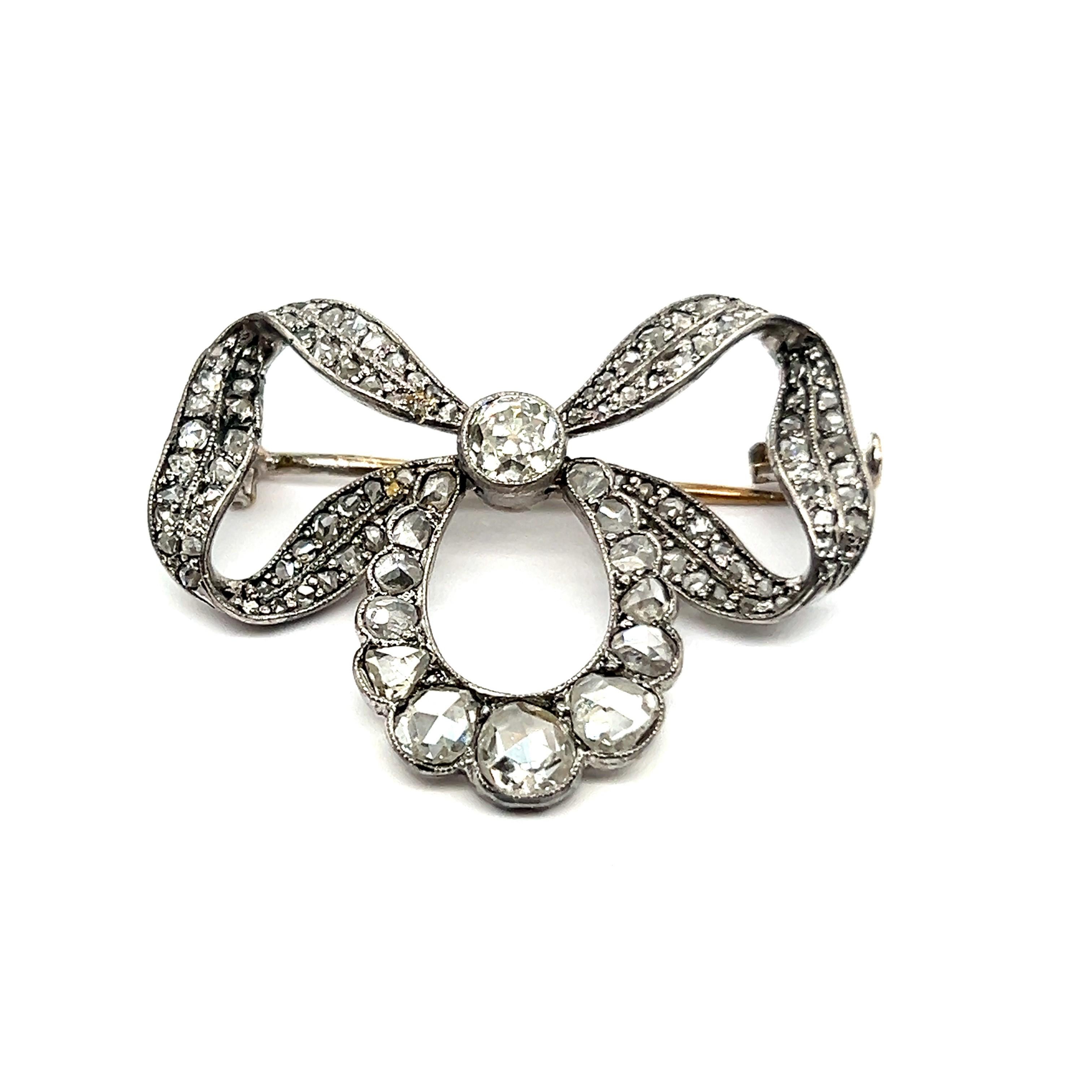 Victorian Bow Brooch with Old Cut Diamonds in Silver and Yellow Gold  For Sale 3