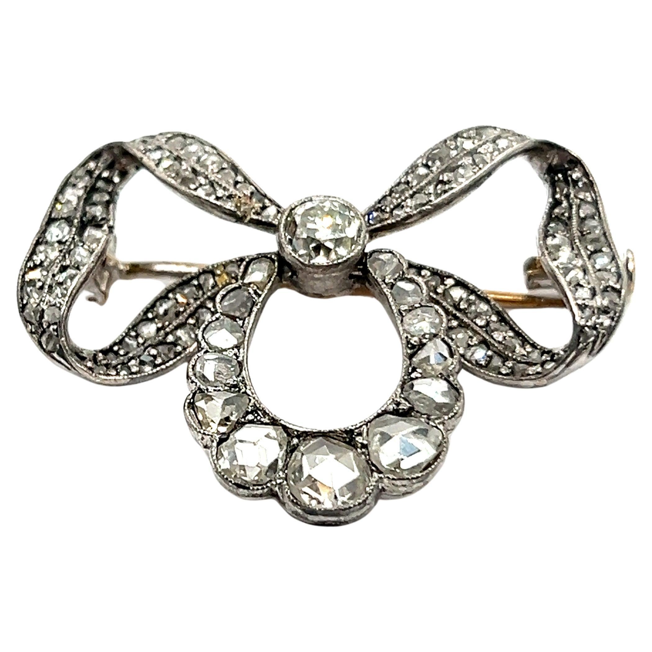 Victorian Bow Brooch with Old Cut Diamonds in Silver and Yellow Gold 