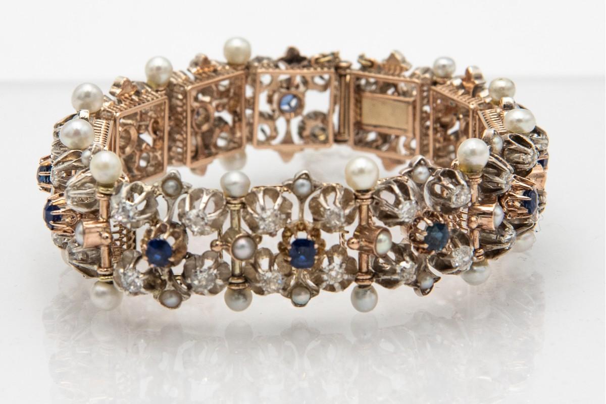 Old European Cut Victorian bracelet with diamonds, sapphires and pearls, early 20th century.