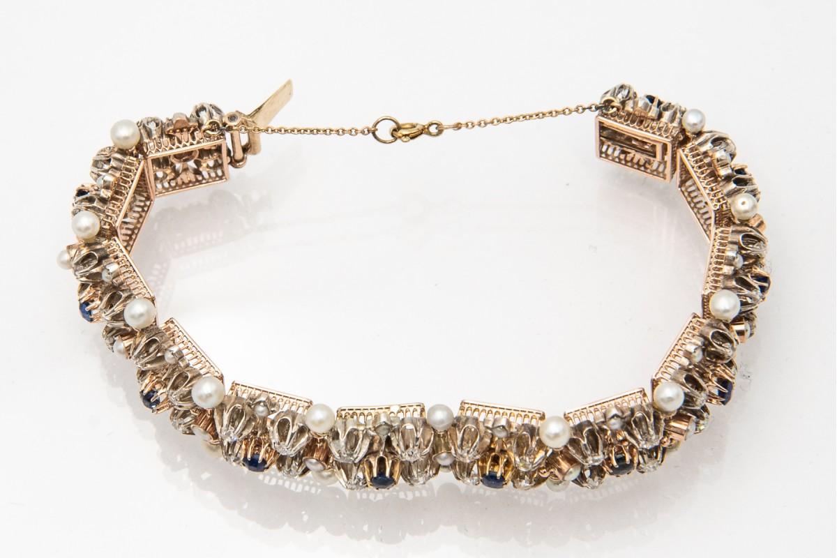Women's or Men's Victorian bracelet with diamonds, sapphires and pearls, early 20th century.