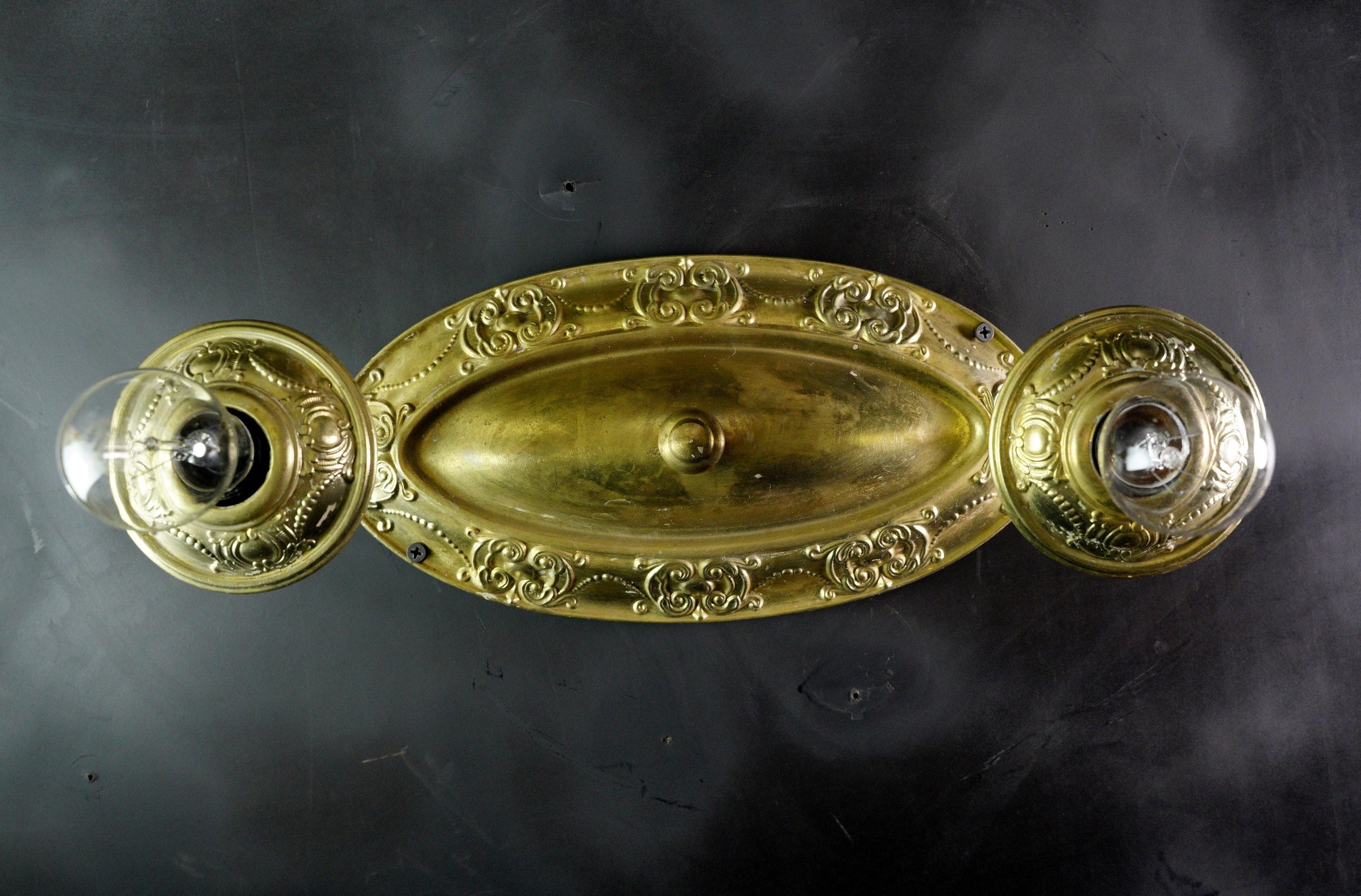 Victorian Brass 2 Down Light Flush Mount Ceiling Fixture In Good Condition In New York, NY