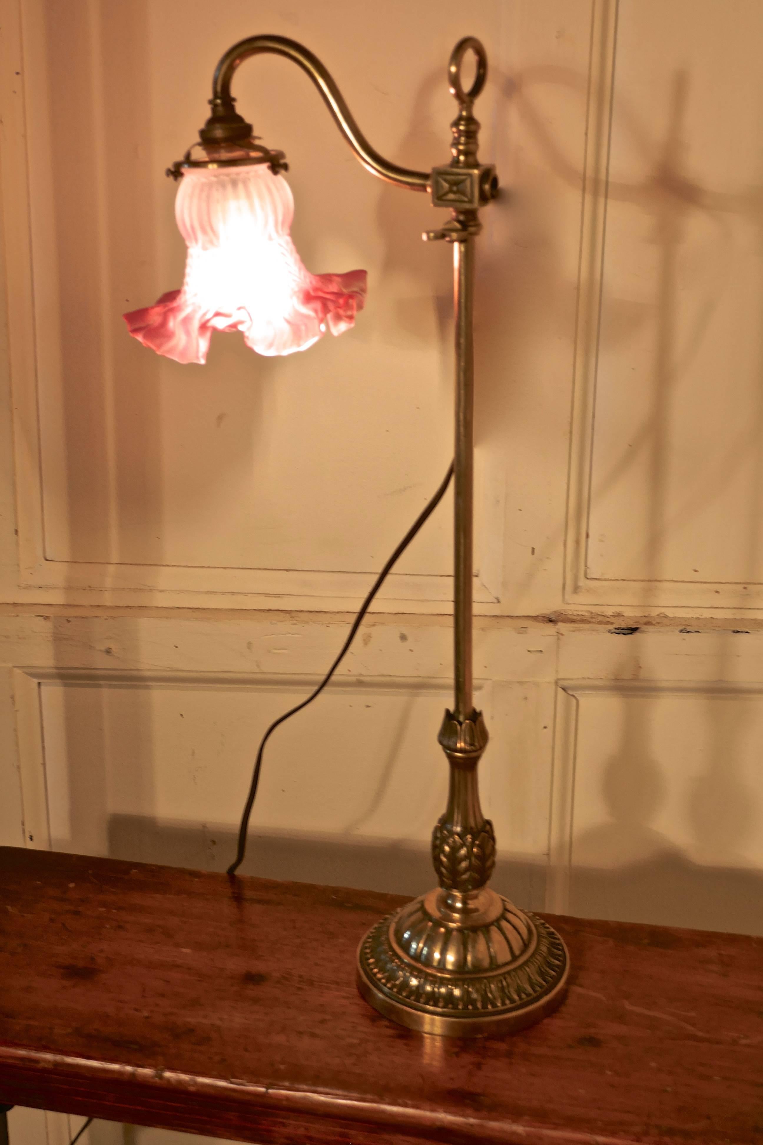 19th Century Victorian Brass Adjustable Table Lamp with Rose Pink Shade