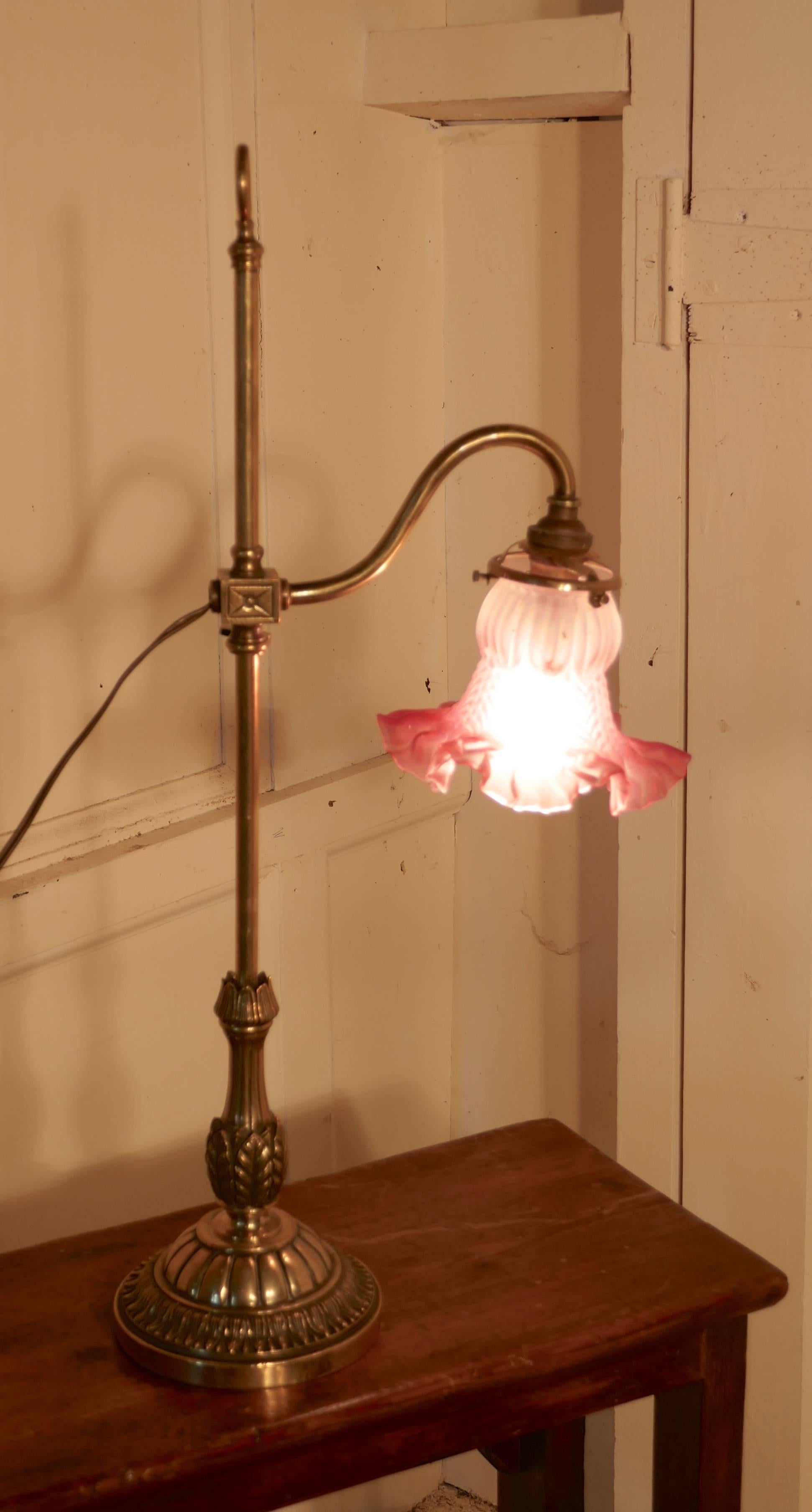Victorian Brass Adjustable Table Lamp with Rose Pink Shade 2