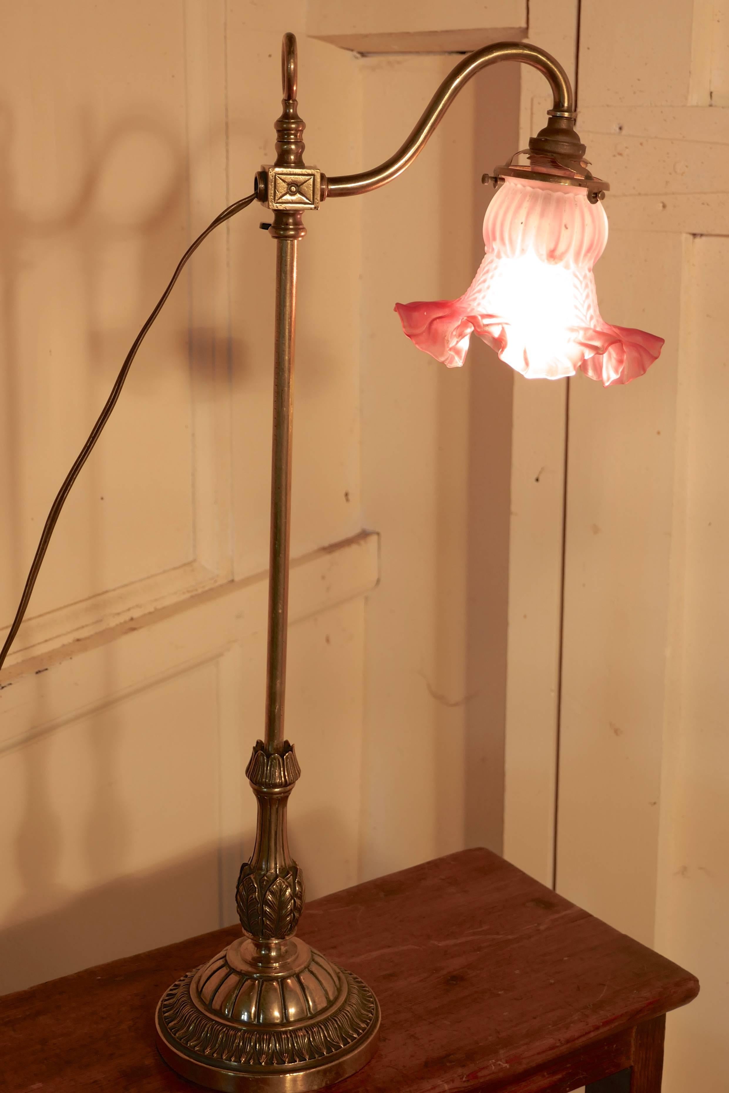 Victorian Brass Adjustable Table Lamp with Rose Pink Shade 3