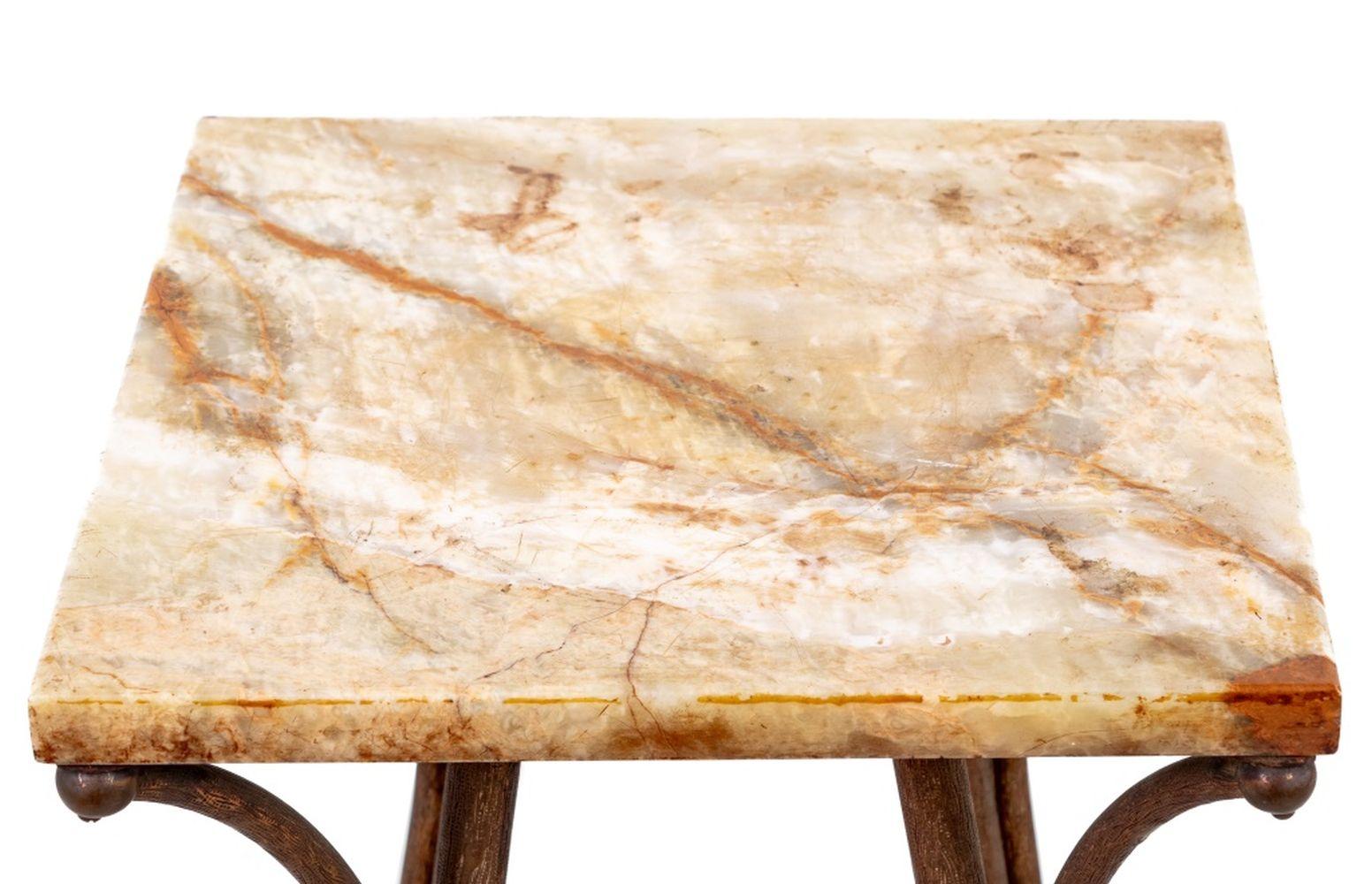 Victorian Brass and Alabaster Pedestal Table, late 19th century, the square top above faux bois decorated splayed legs on claw and ball feet, joined by X-stretcher. 30