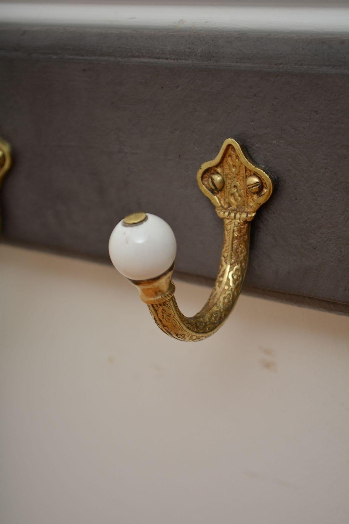 Victorian Brass and Ceramic Coat Hooks Coat Rack For Sale 7