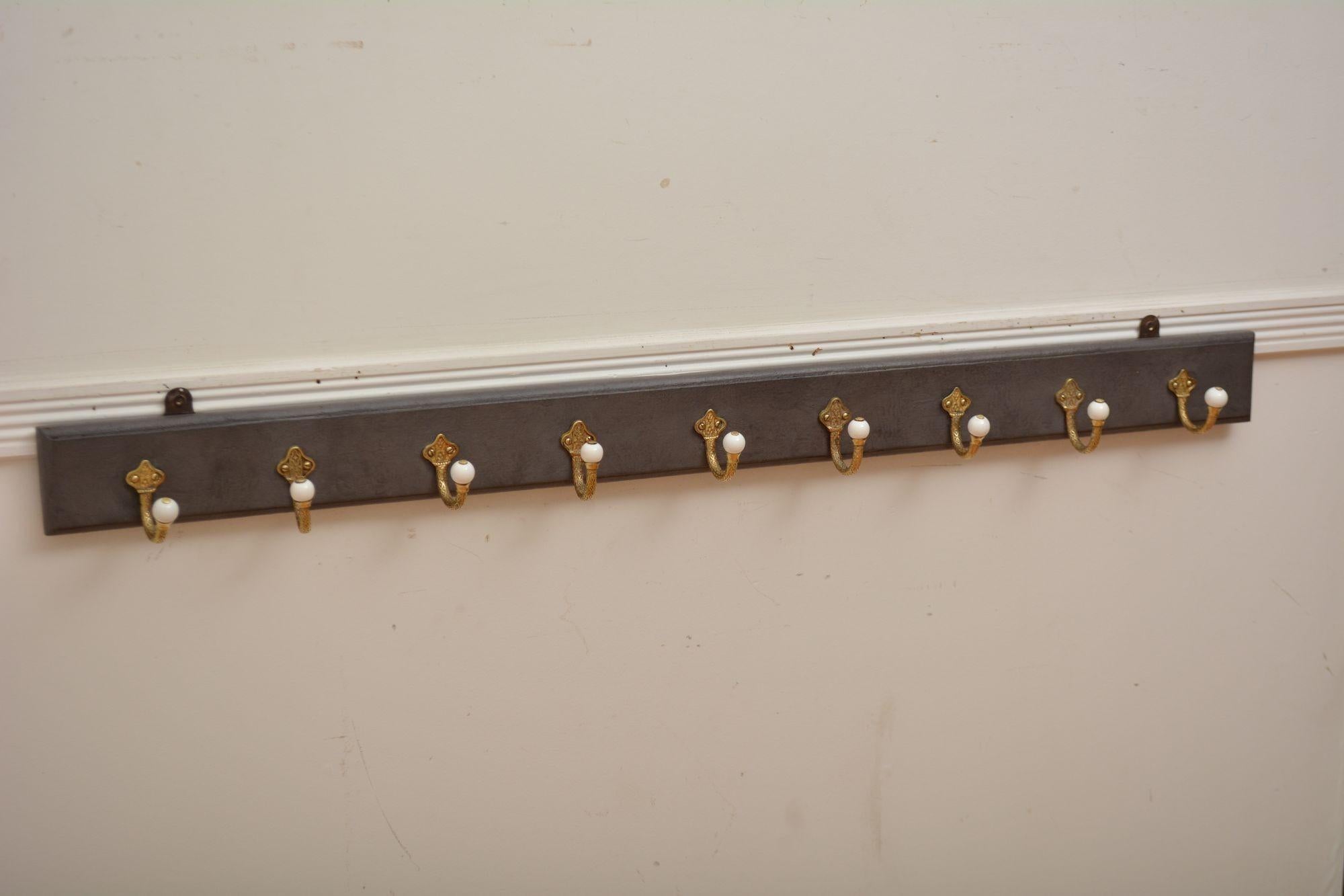 English Victorian Brass and Ceramic Coat Hooks Coat Rack For Sale