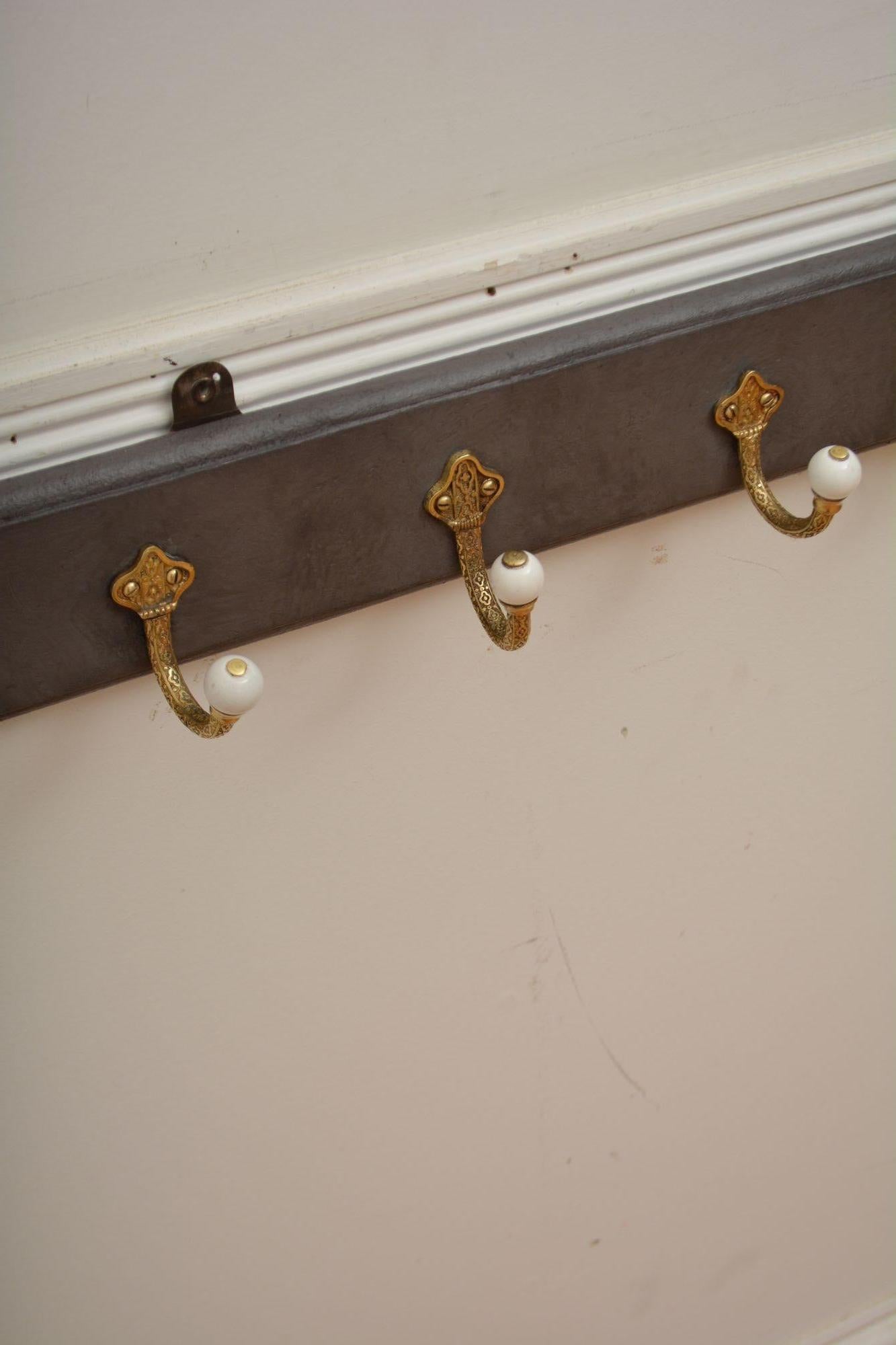 19th Century Victorian Brass and Ceramic Coat Hooks Coat Rack For Sale