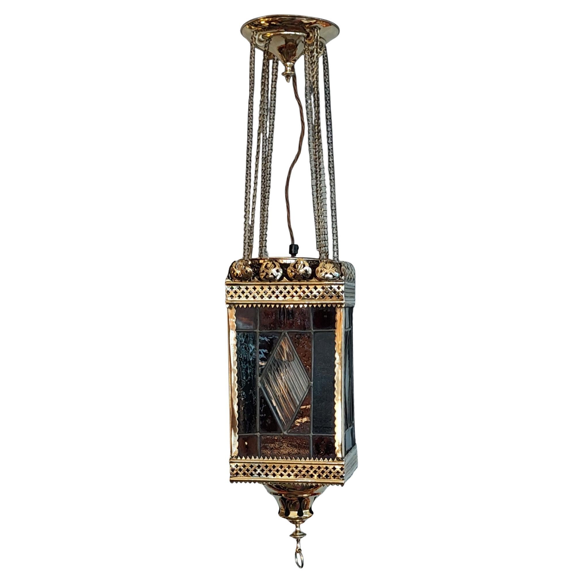 Victorian Brass and Coloured Glass Lantern For Sale