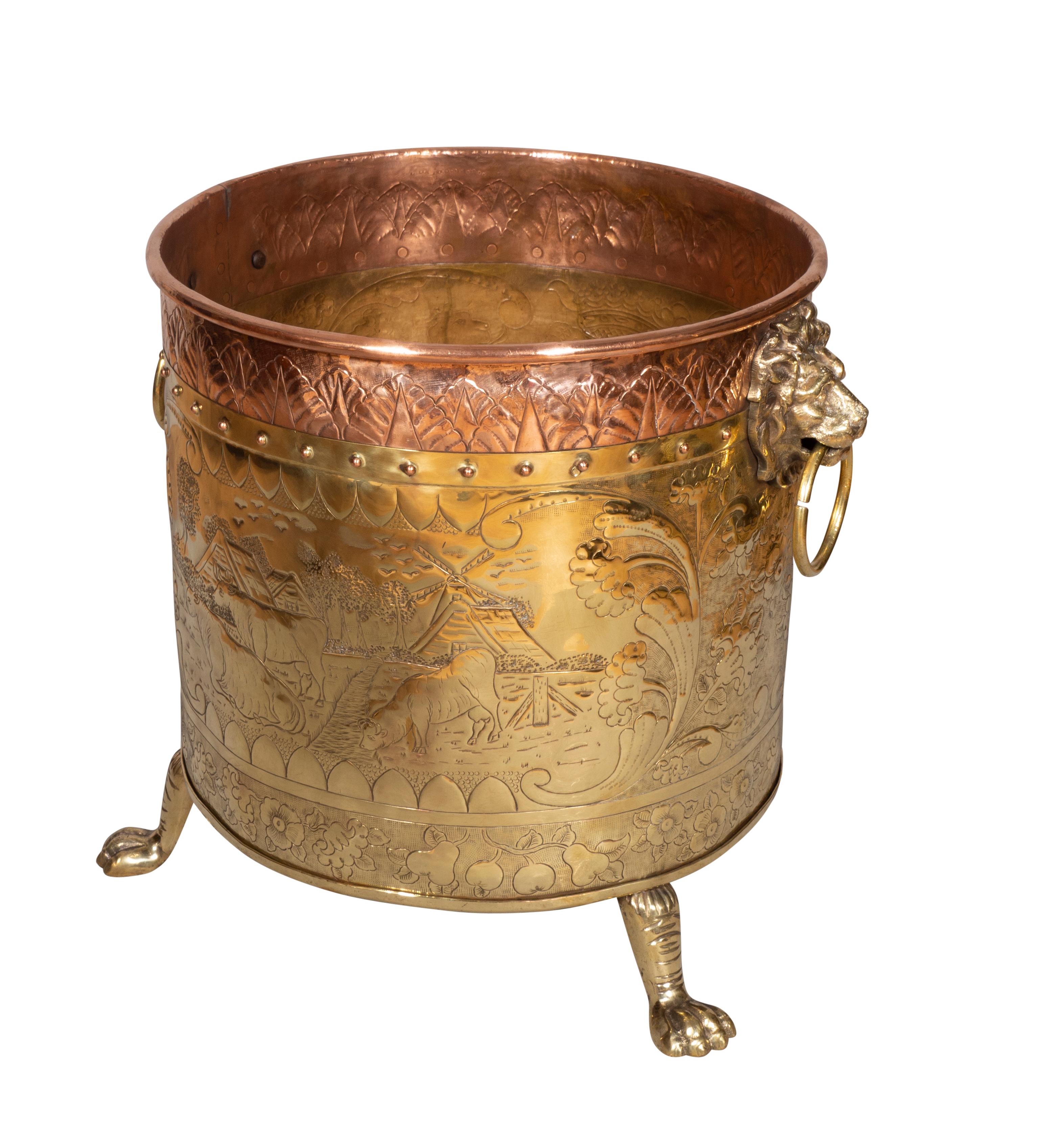 European Victorian Brass and Copper Kindling Bucket