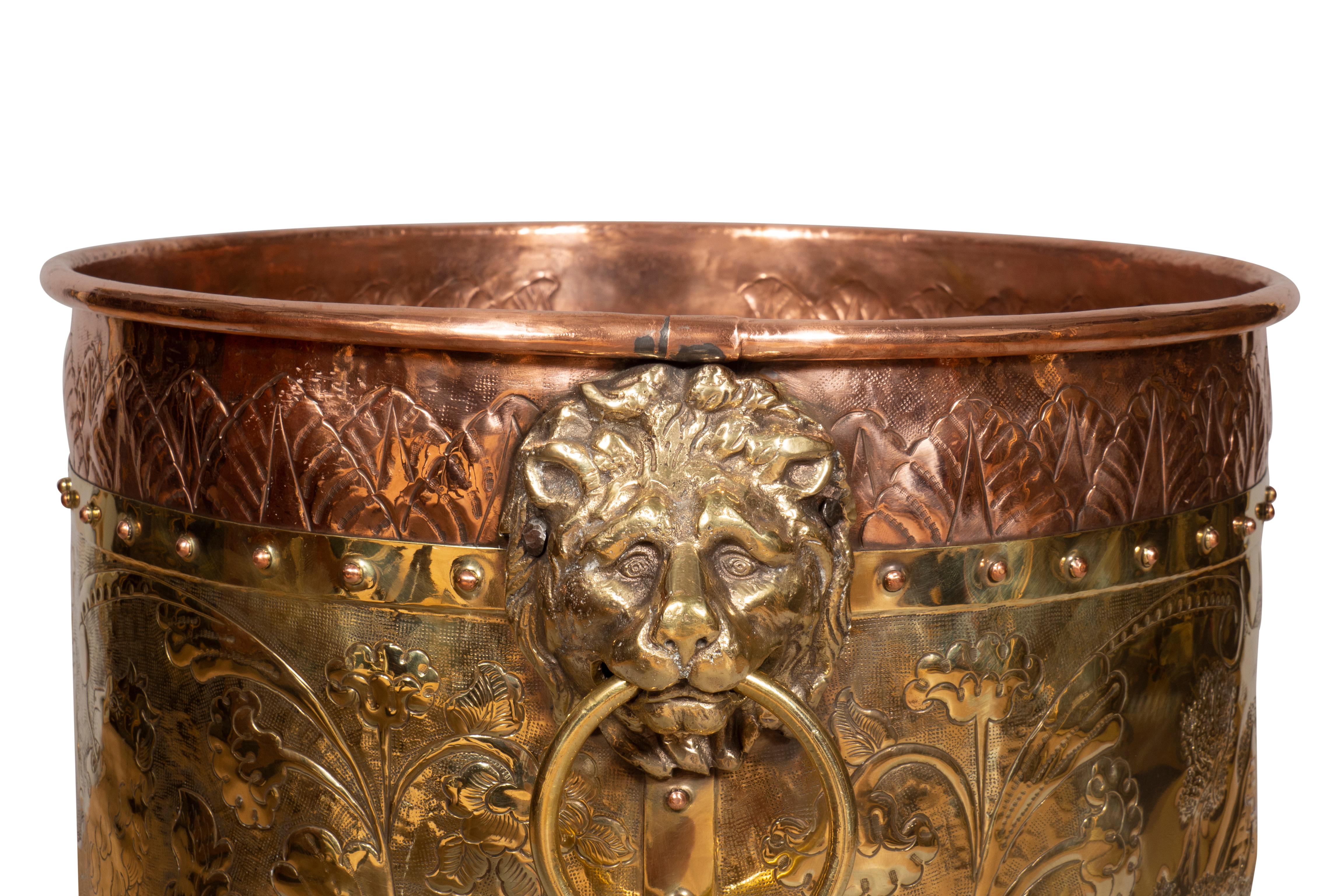 Late 19th Century Victorian Brass and Copper Kindling Bucket