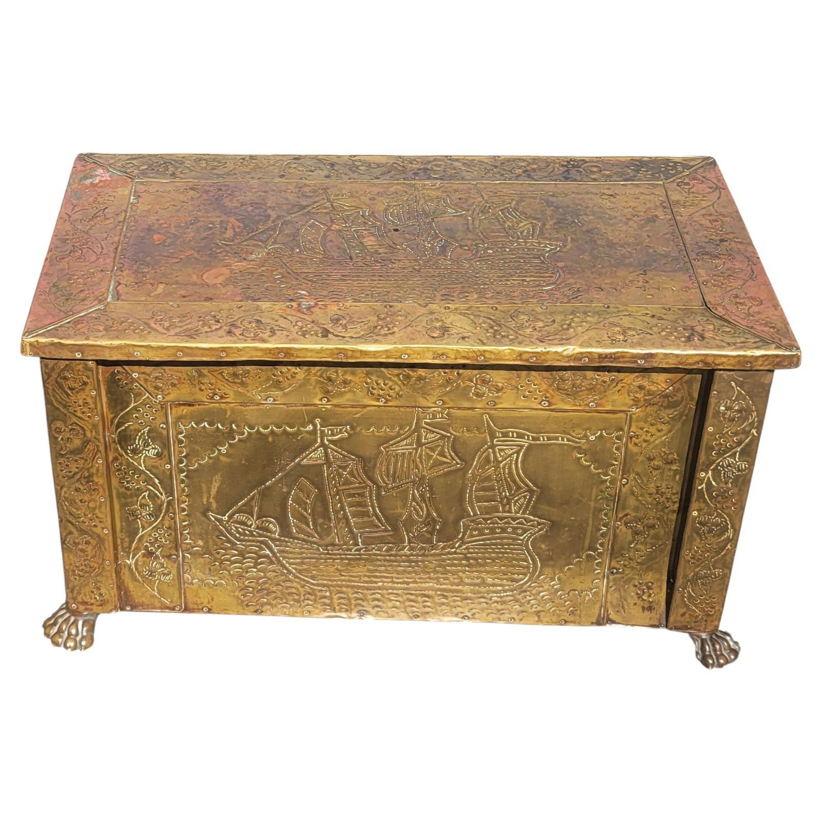 American Victorian Brass and Copper Ornate Coal and Fire Logs Chest w. Paw Feet, C. 1890s