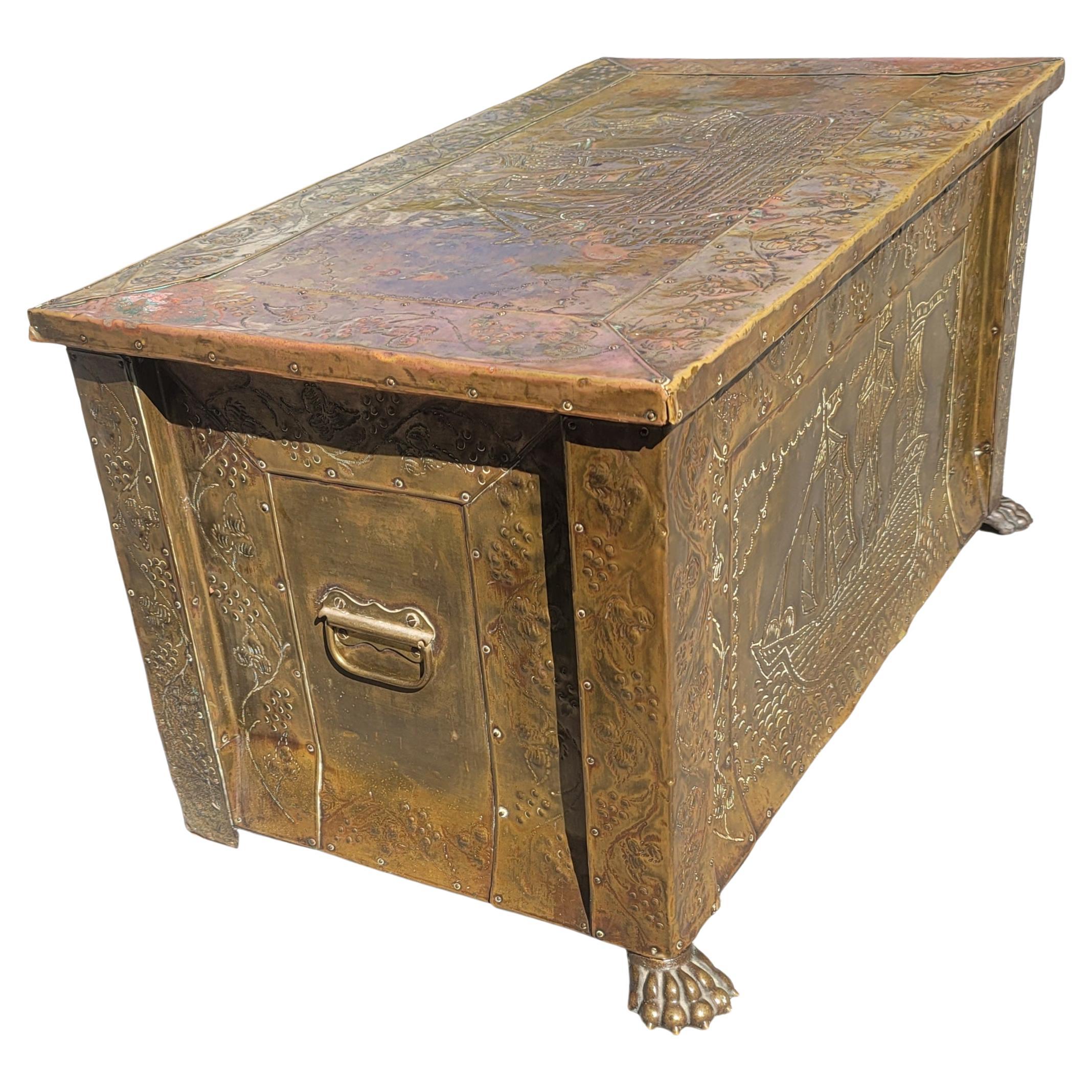 Metalwork Victorian Brass and Copper Ornate Coal and Fire Logs Chest w. Paw Feet, C. 1890s