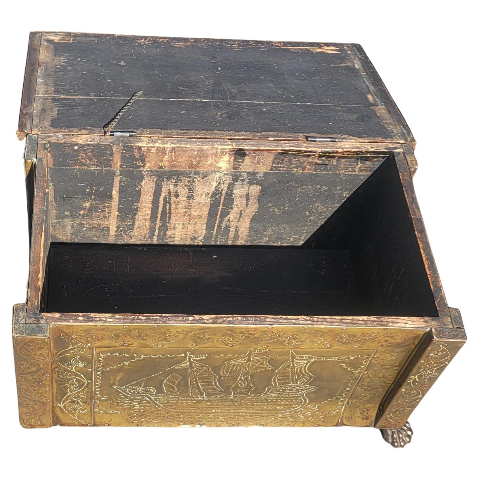 19th Century Victorian Brass and Copper Ornate Coal and Fire Logs Chest w. Paw Feet, C. 1890s