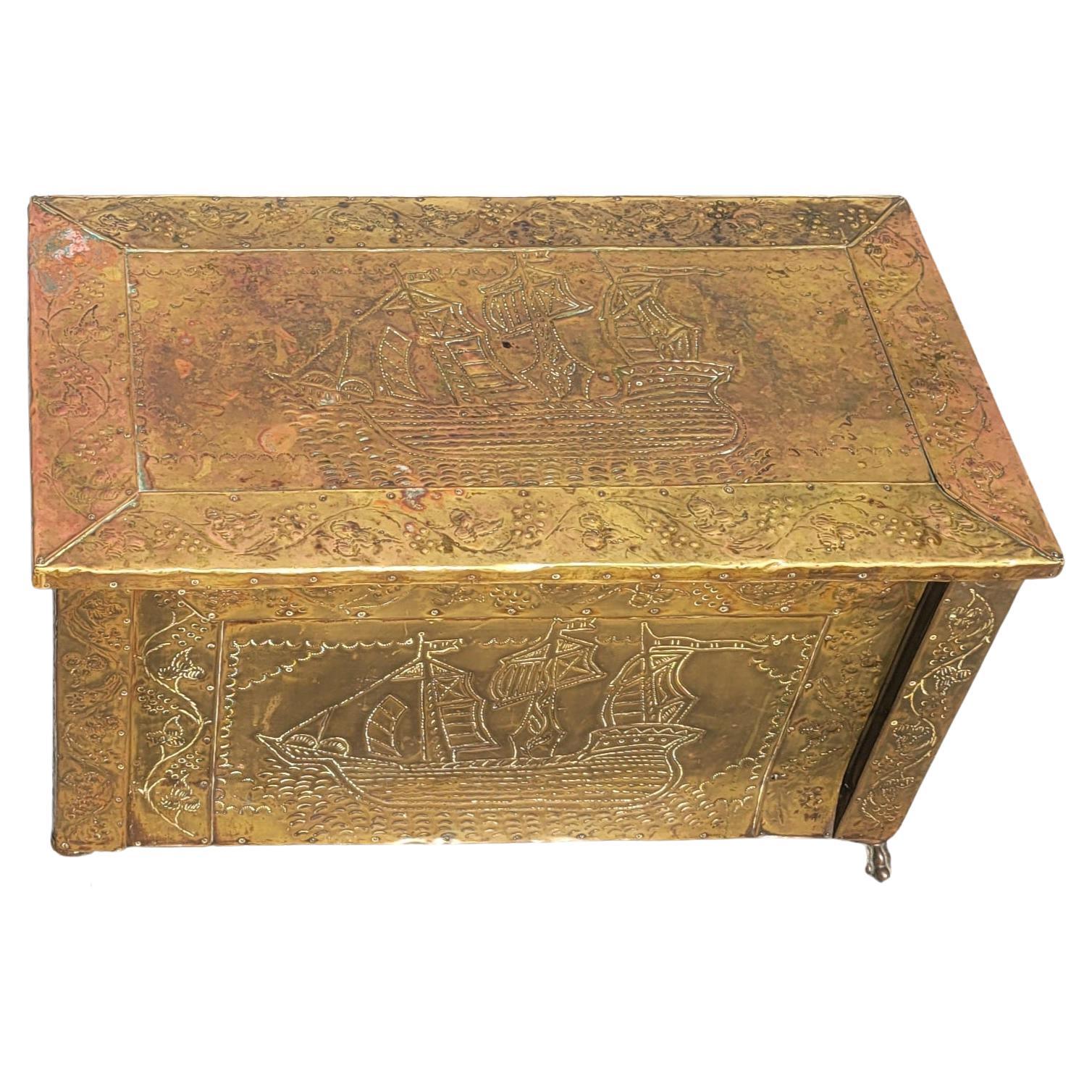Victorian Brass and Copper Ornate Coal and Fire Logs Chest w. Paw Feet, C. 1890s 1