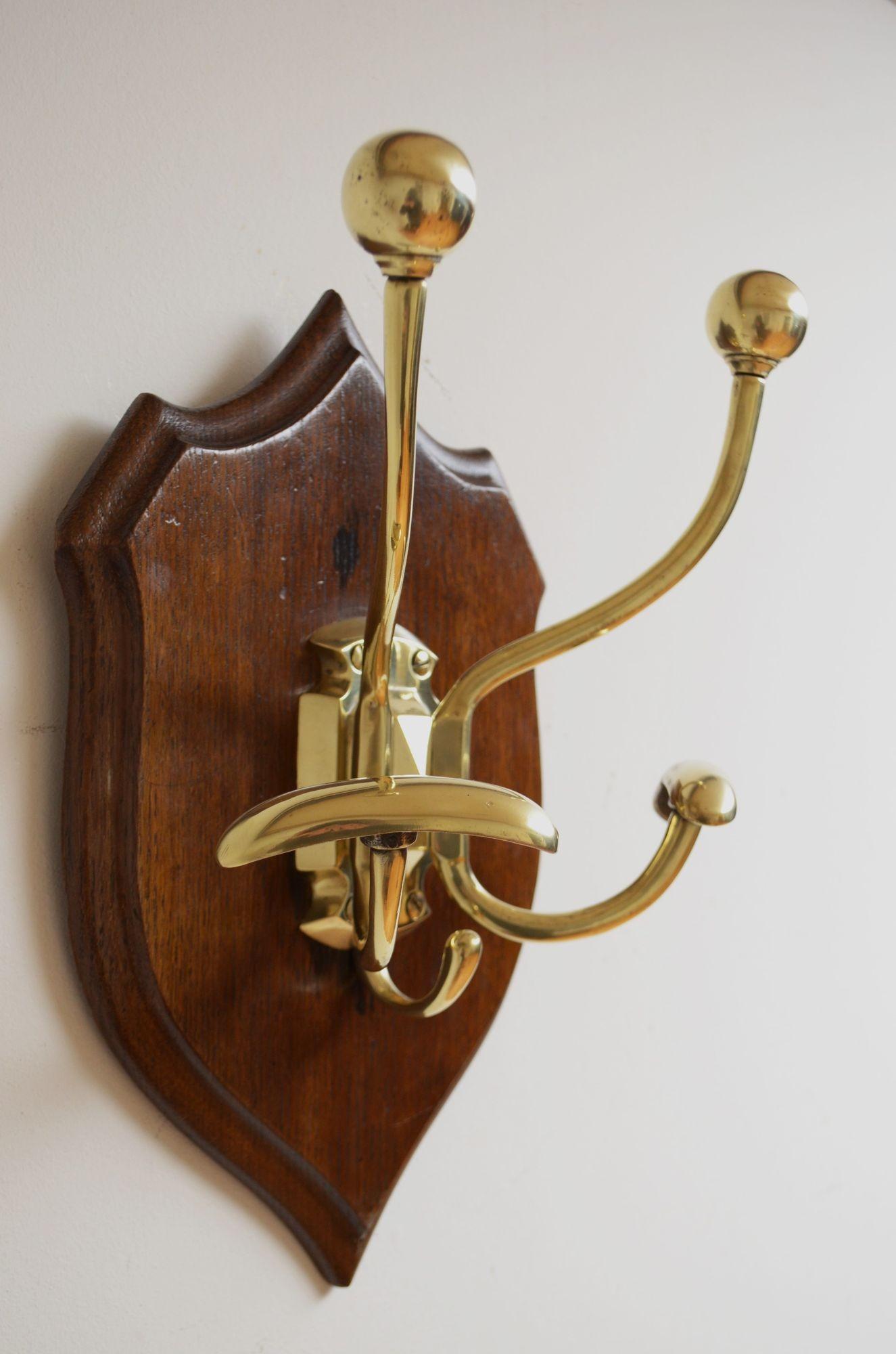 English Victorian Brass and Oak Coat Hooks For Sale