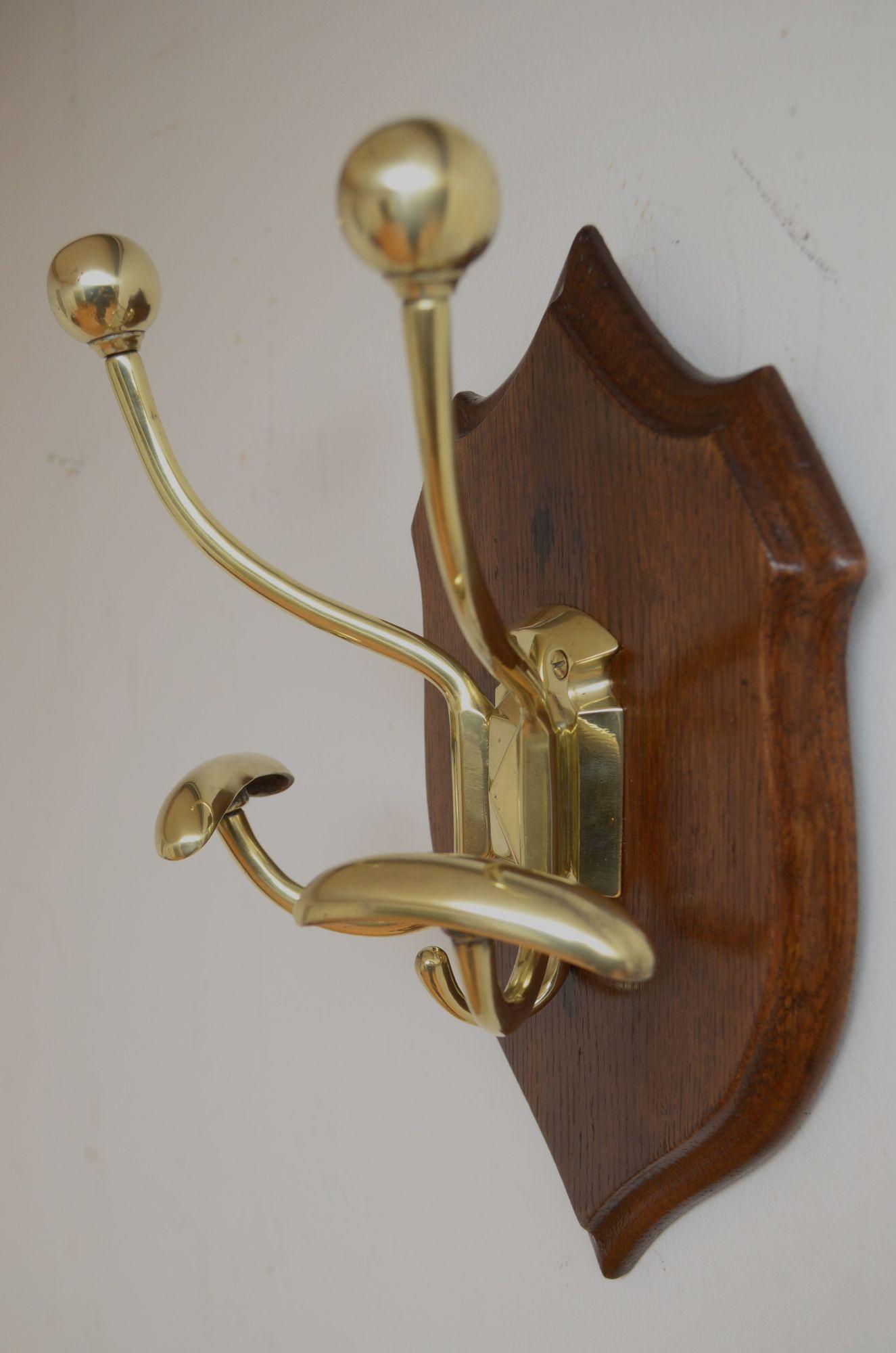 Victorian Brass and Oak Coat Hooks In Good Condition For Sale In Whaley Bridge, GB