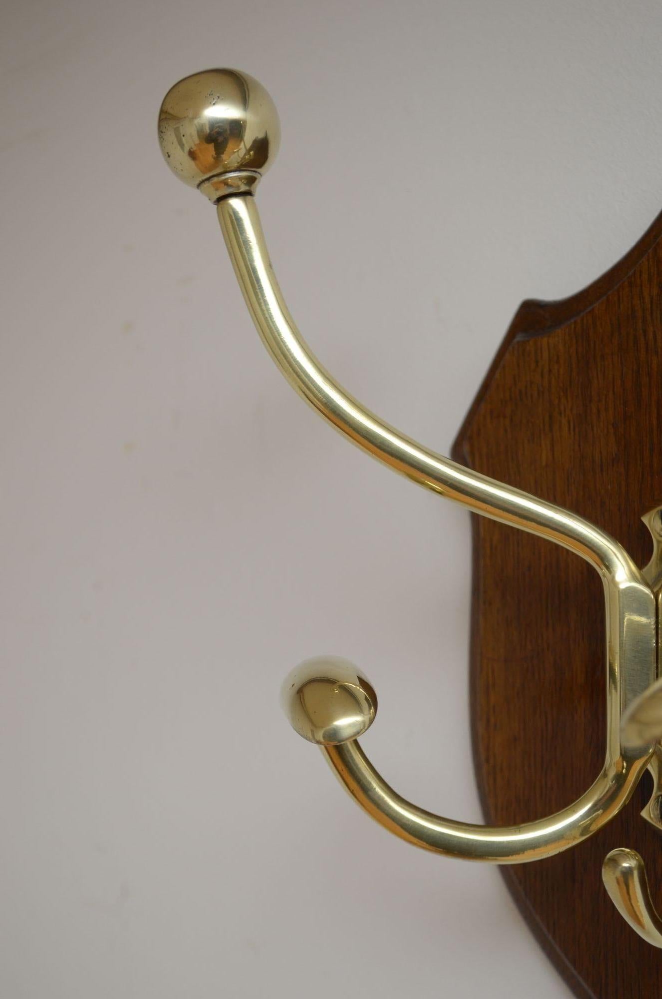 19th Century Victorian Brass and Oak Coat Hooks For Sale