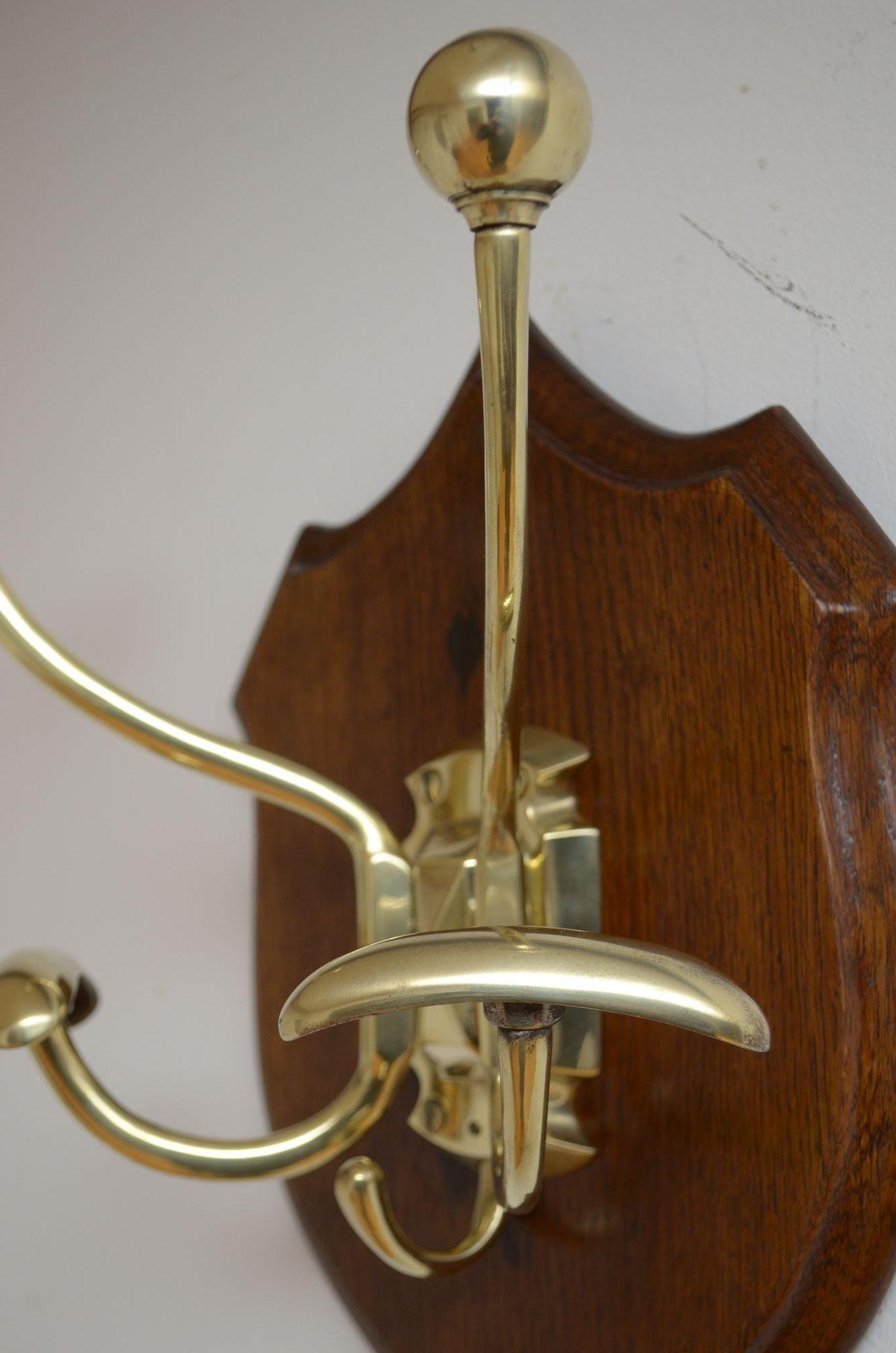 Victorian Brass and Oak Coat Hooks For Sale 2