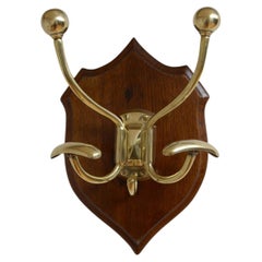 Antique Victorian Brass and Oak Coat Hooks