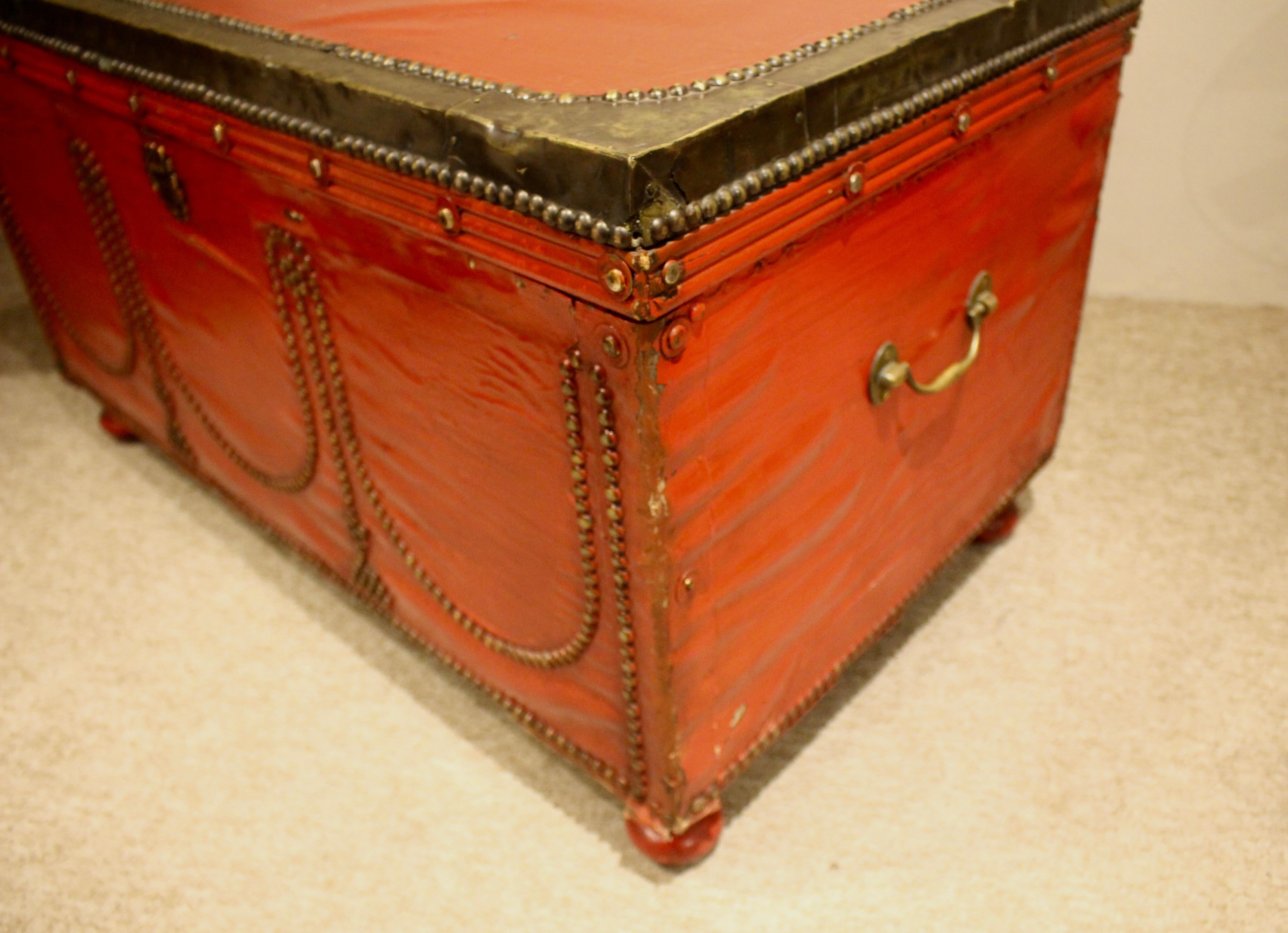 English Victorian Brass Bound and Painted Trunk