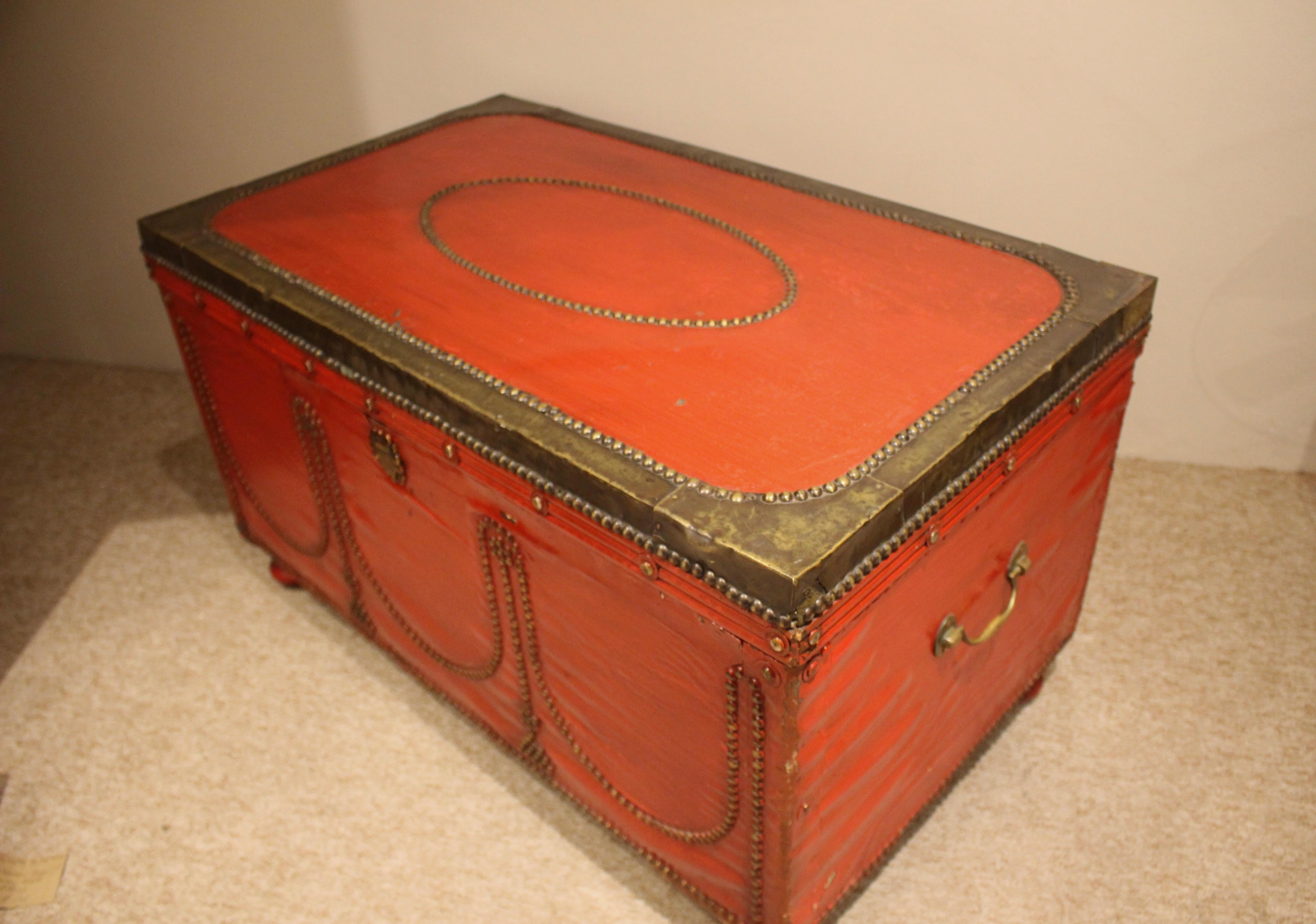 Victorian Brass Bound and Painted Trunk In Fair Condition In Heathfield, East Sussex