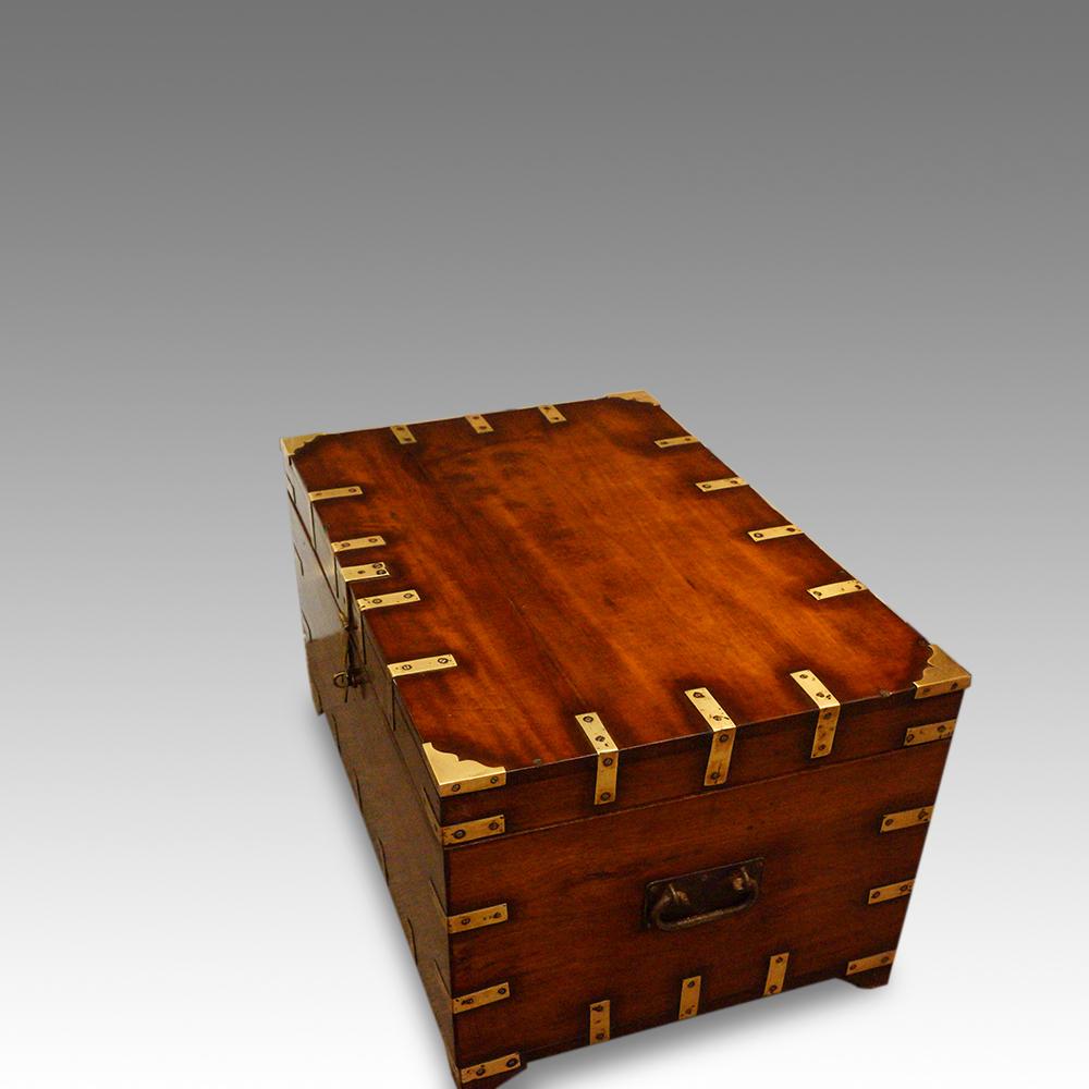 Victorian brass bound military chest 
Antique brass bound officers uniform chest made circa 1860 
Here we have this Victorian trunk that would have been used by a British officer to transport his uniforms and valuables around the Empire.
This