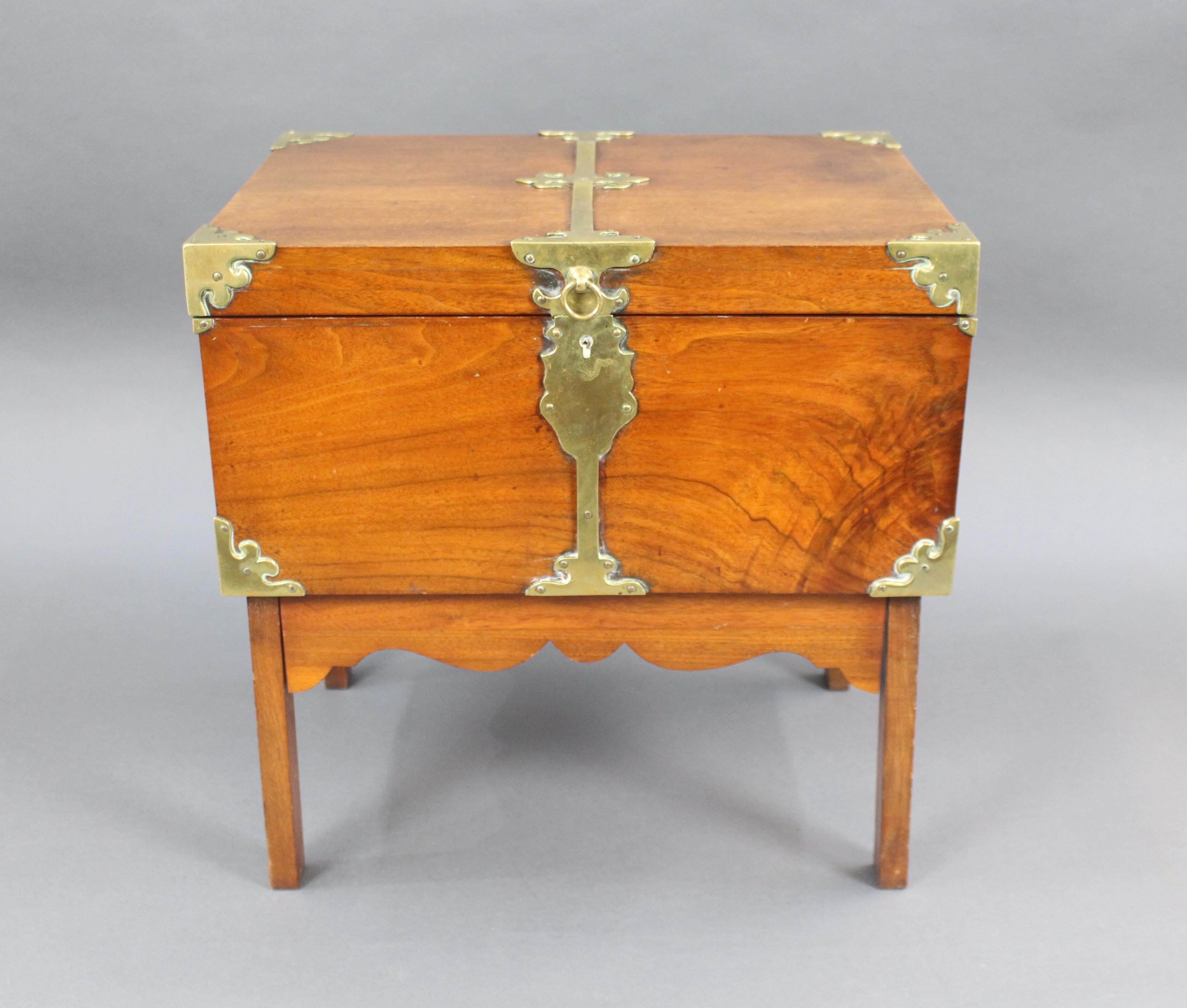 British Victorian Brass Bound Walnut Travelling Chest on Folding Legs