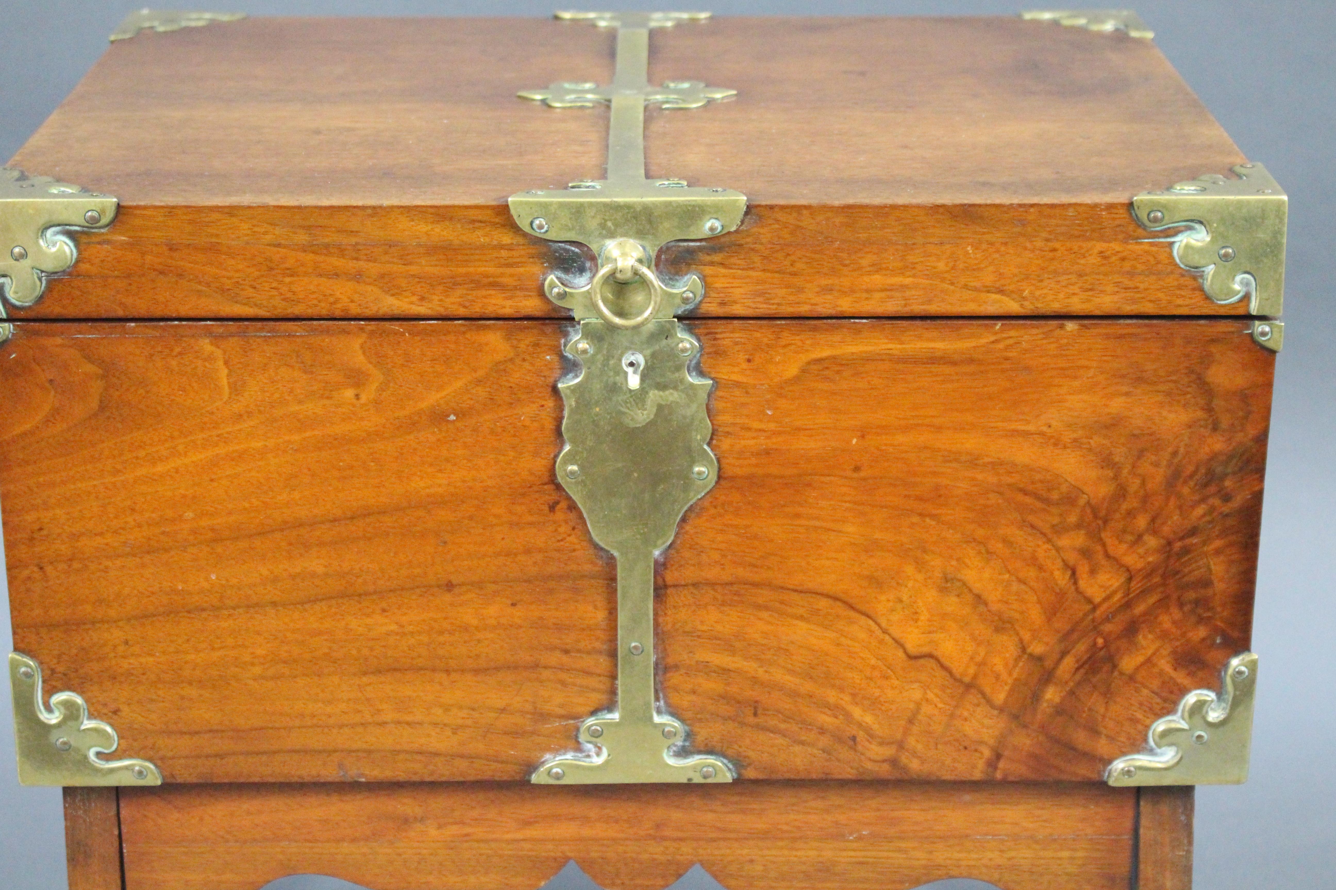 Victorian Brass Bound Walnut Travelling Chest on Folding Legs 1