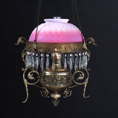 Victorian Brass, Bronze & Crystal Chandelier With Peachblow Hobnail Glass Shade