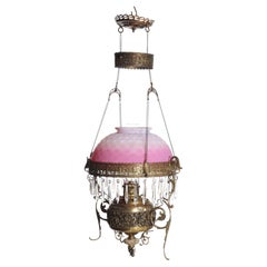 Victorian Brass, Bronze & Crystal Chandelier With Peachblow Hobnail Glass Shade