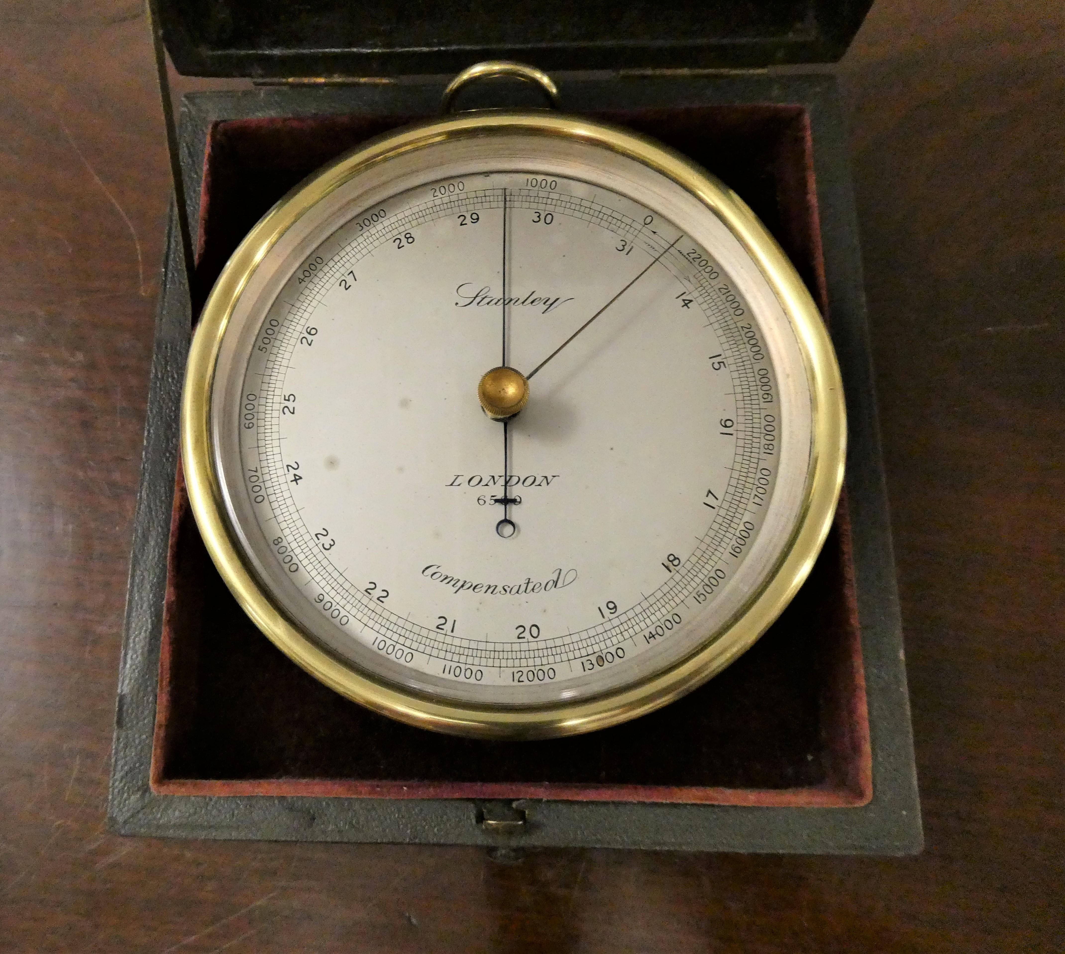 Victorian brass cased Aneroid barometer by Stanley, London.



Brass cased aneroid barometer housed in the original leather fitted case.

Silvered dial with original ‘blued’ steel pointer and setting hand.

The dial marked from 14 to 31