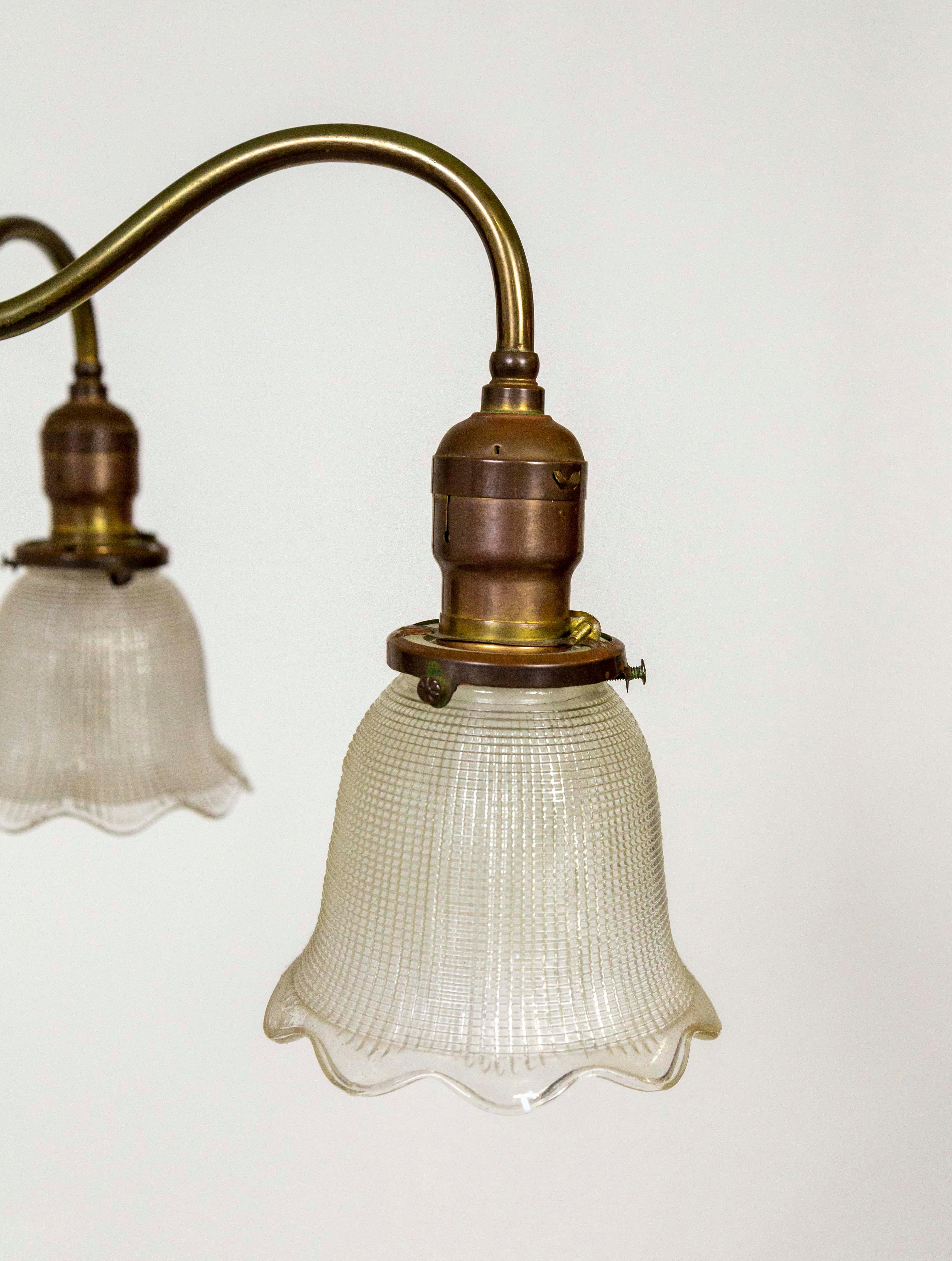 Victorian Brass Chandelier w/ Floral Ball & Bellflower Glass Shades For Sale 3