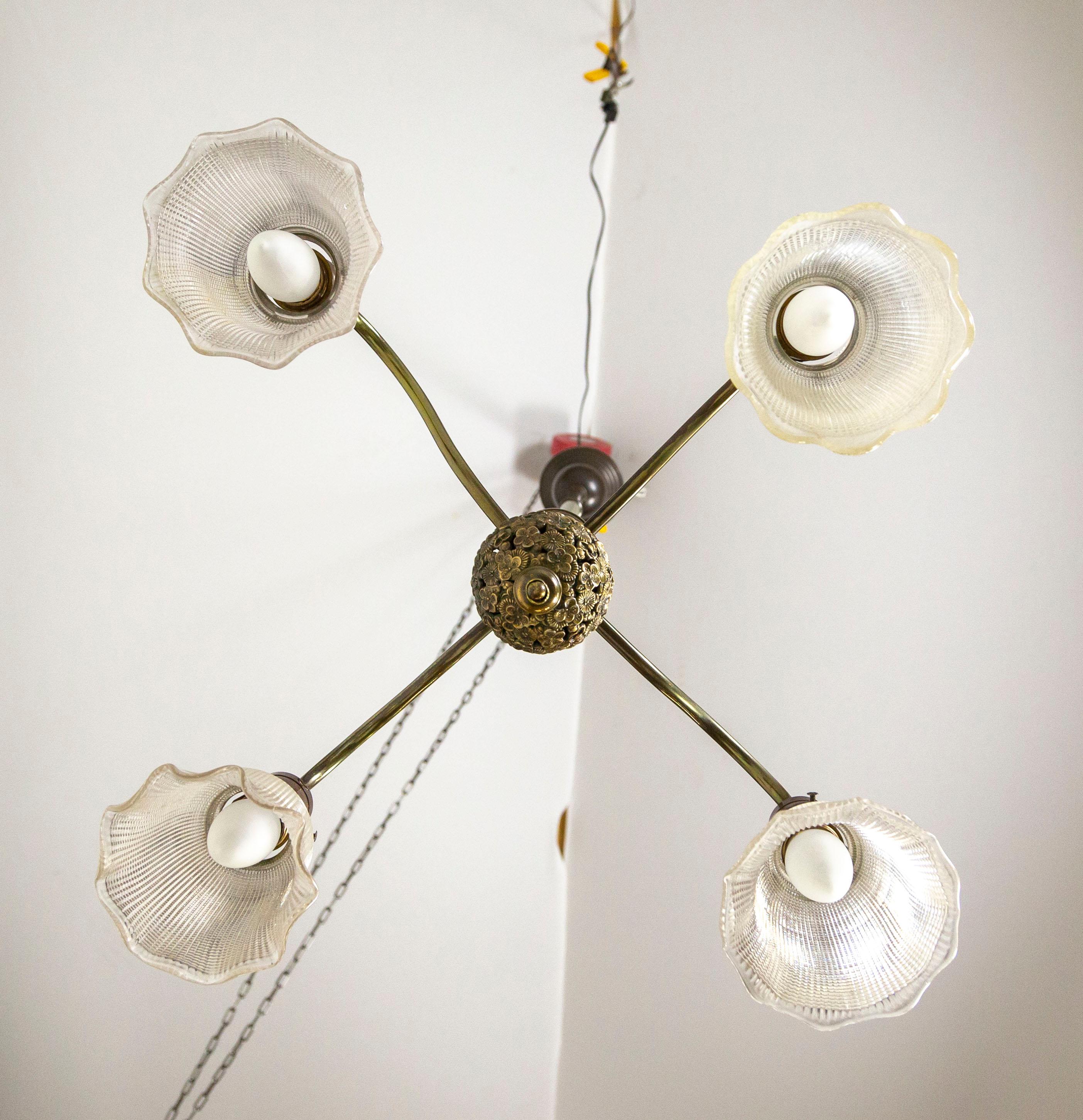 Victorian Brass Chandelier w/ Floral Ball & Bellflower Glass Shades For Sale 5