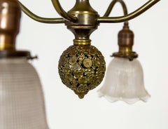 Victorian Brass Chandelier w/ Floral Ball & Bellflower Glass Shades