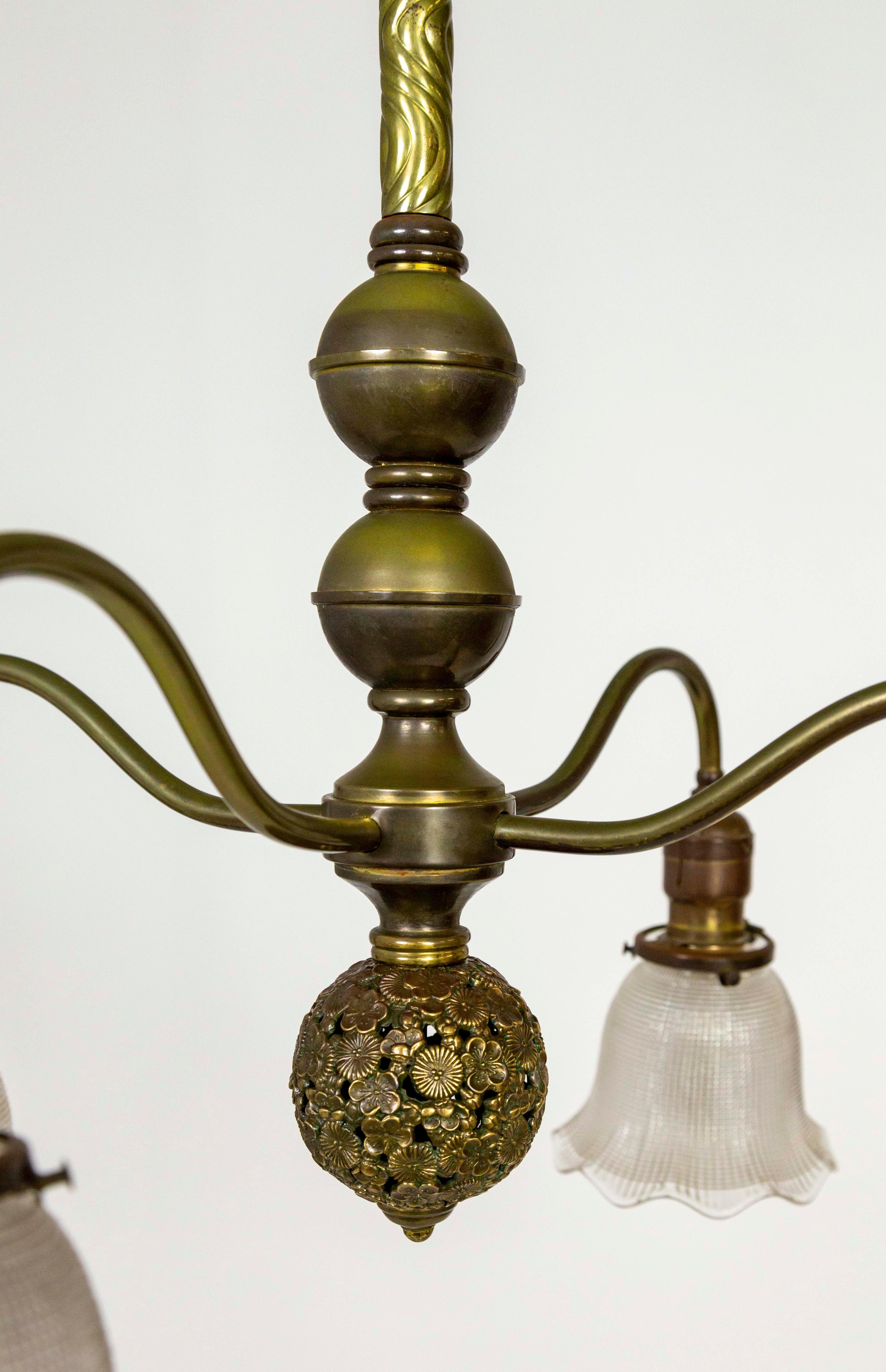 Late Victorian Victorian Brass Chandelier w/ Floral Ball & Bellflower Glass Shades For Sale