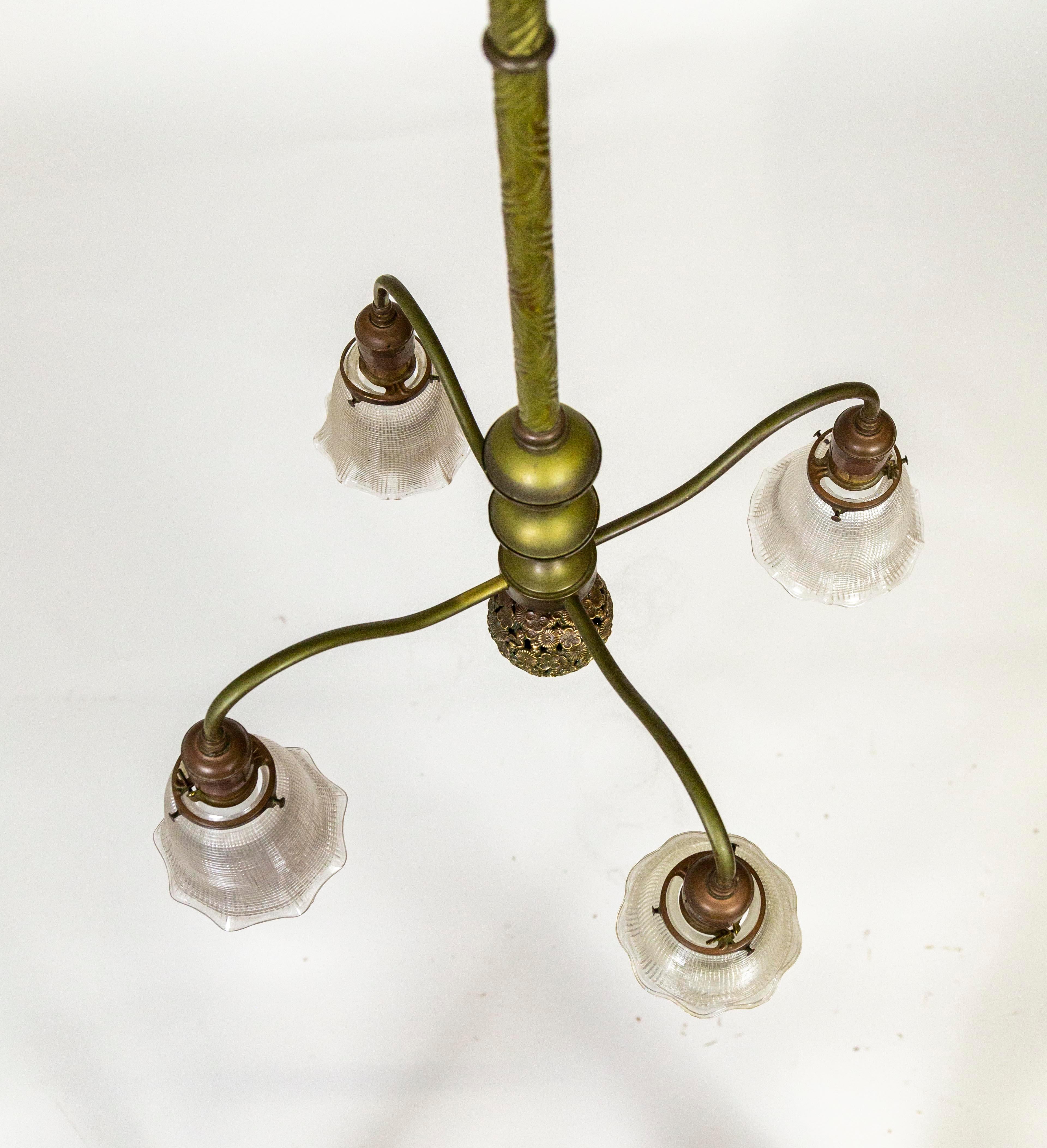 Victorian Brass Chandelier w/ Floral Ball & Bellflower Glass Shades In Good Condition For Sale In San Francisco, CA